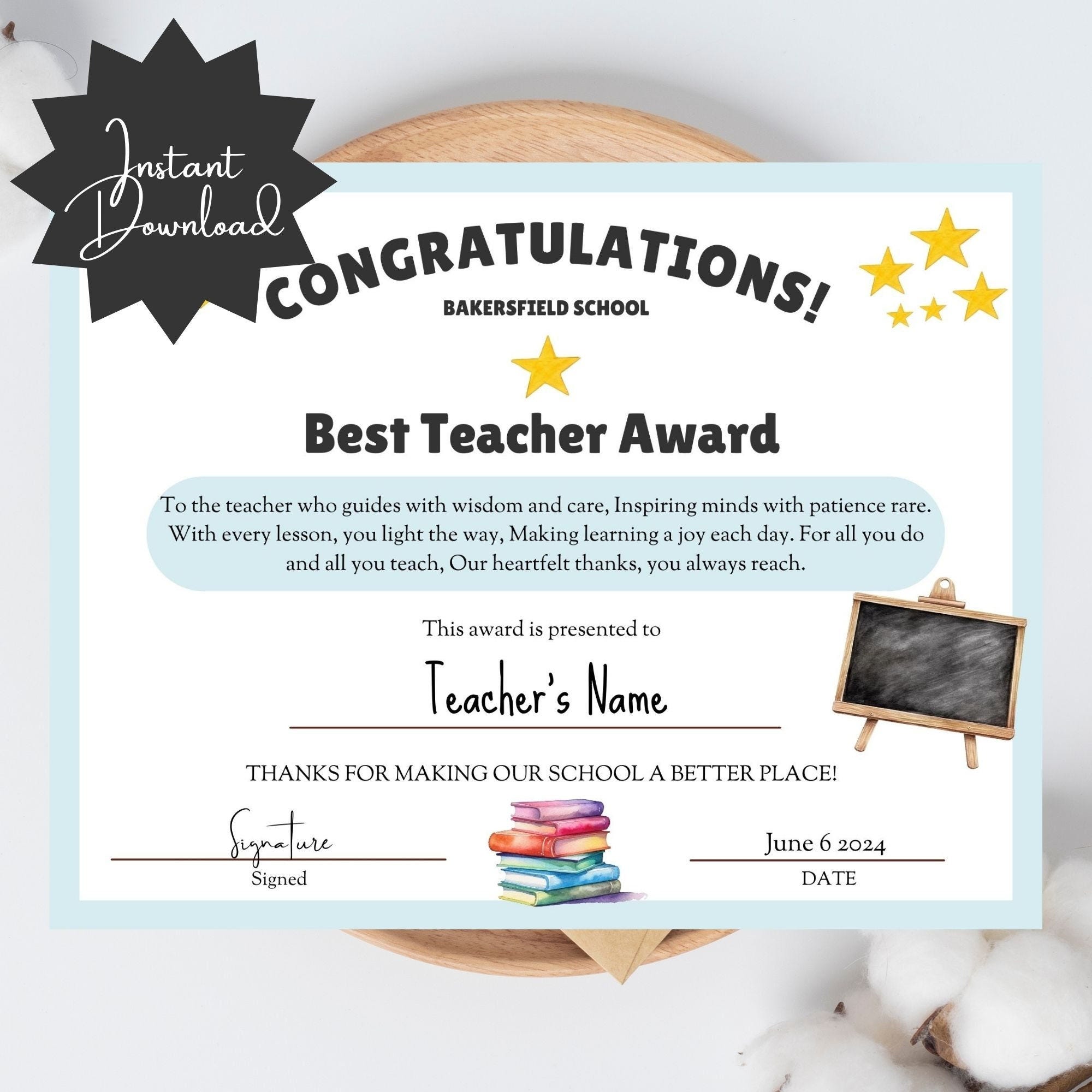 Best Teacher Award Certificate, End Of School Year Appreciation, Gift from Students, Editable Canva Template, Diploma, Thank You Card