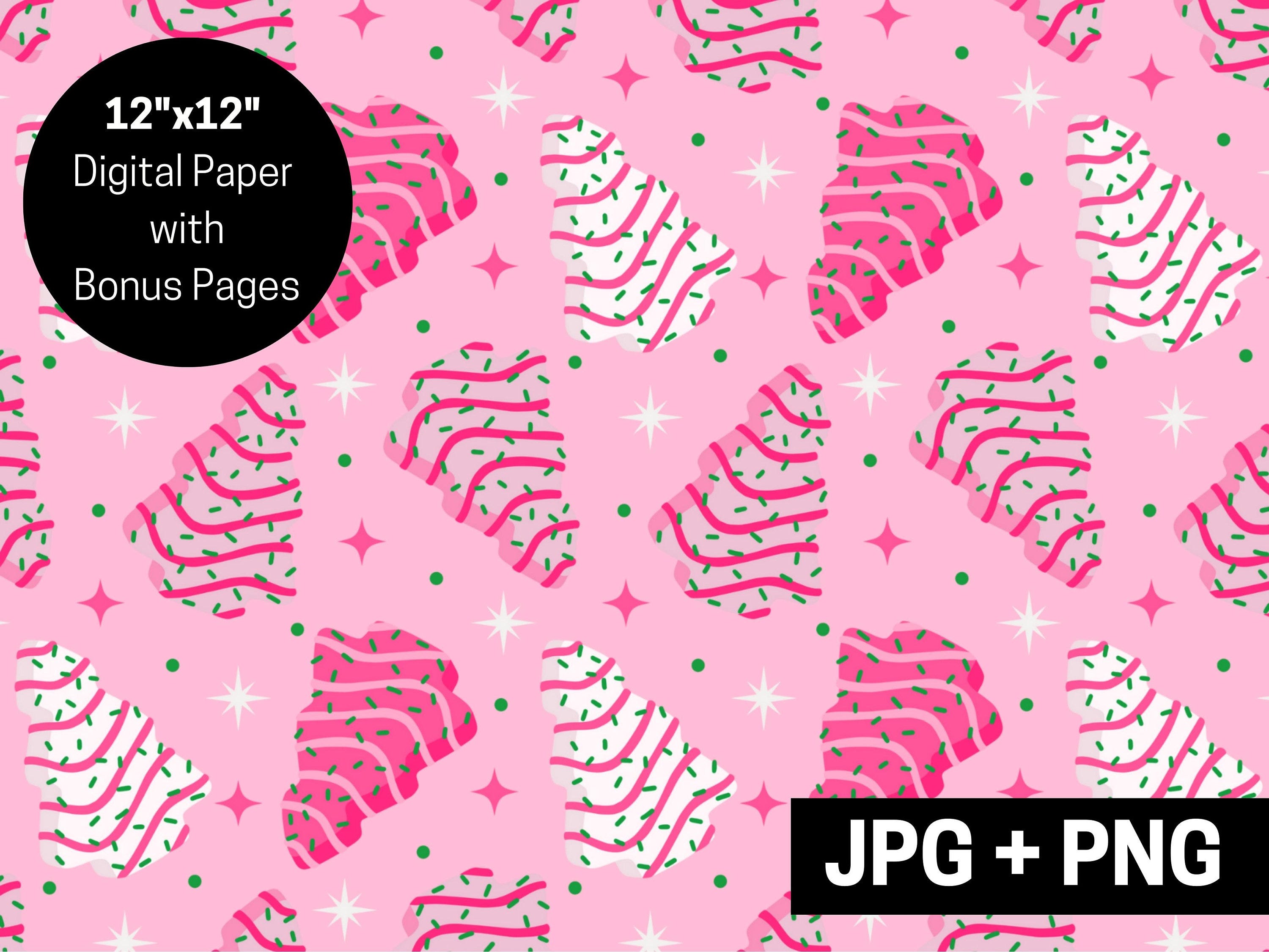Pink Tree Cake Digital Paper, Holiday Xmas Snack Cake Treat Seamless File, Cute Trendy Pastel Christmas Sublimation Image, Download JPG PNG