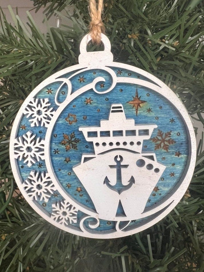 Christmas cruise ship ornament. Double layered hand painted wooden ornament.