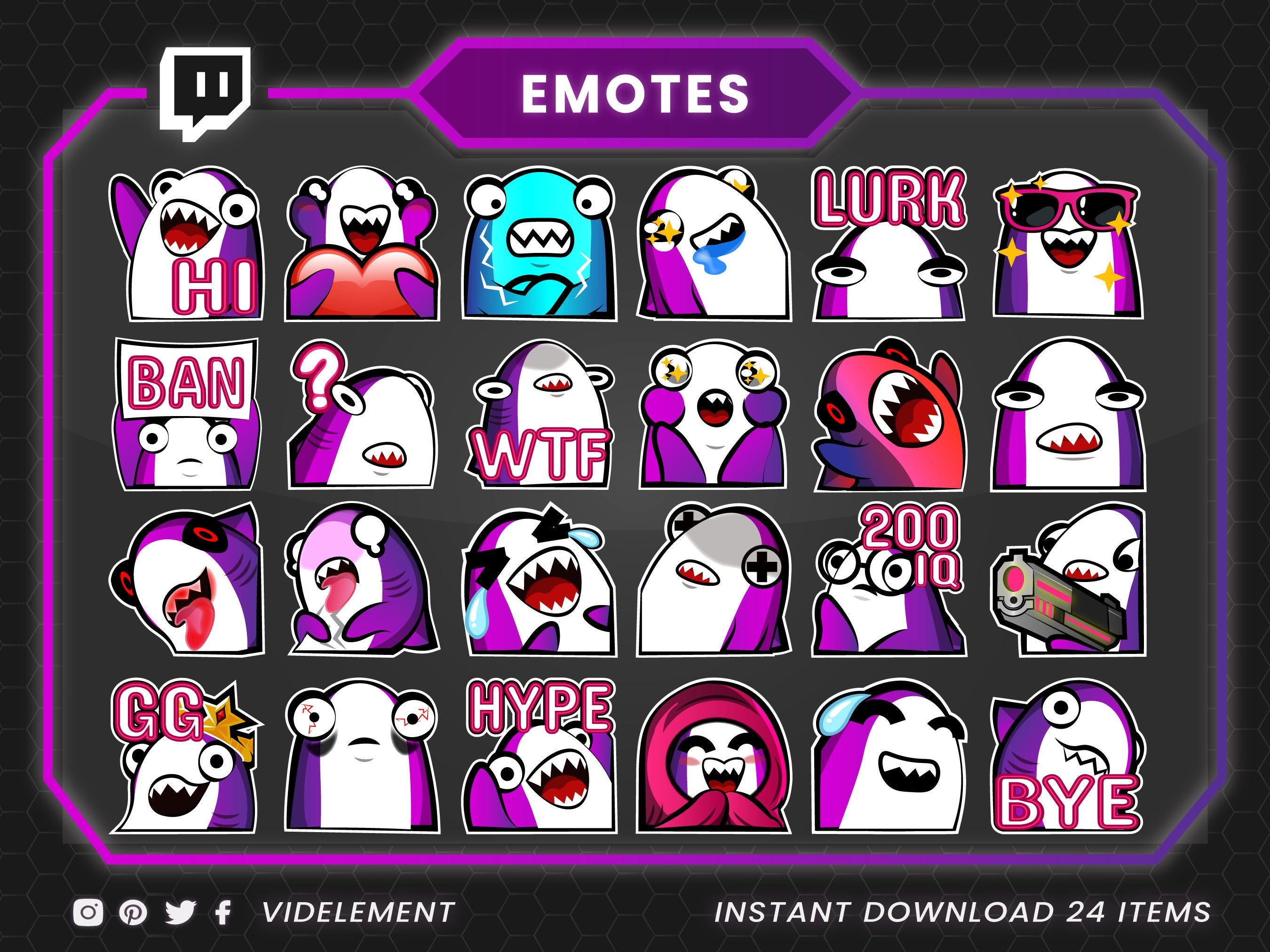 24 Purple shark emotes, twitch emotes, twitch sub emotes, text emotes, shark emotes, shark text emotes, shark twitch emotes, meme emotes