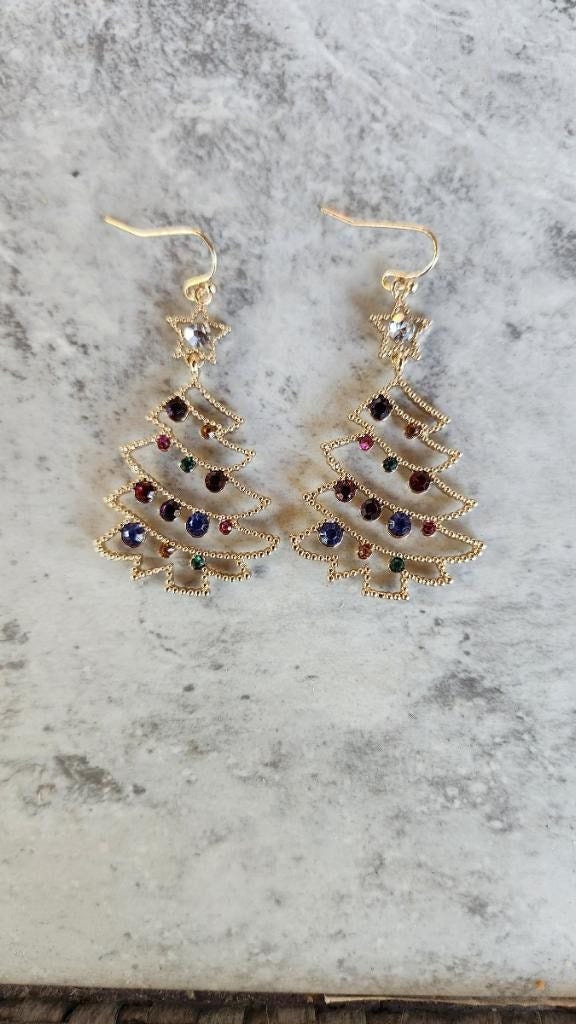 Beautiful Gold Etherial Christmas Tree Earrings with Multi-Color Crystal Light Strand • (2"H) • Gifts for Her • Trending • Handmade