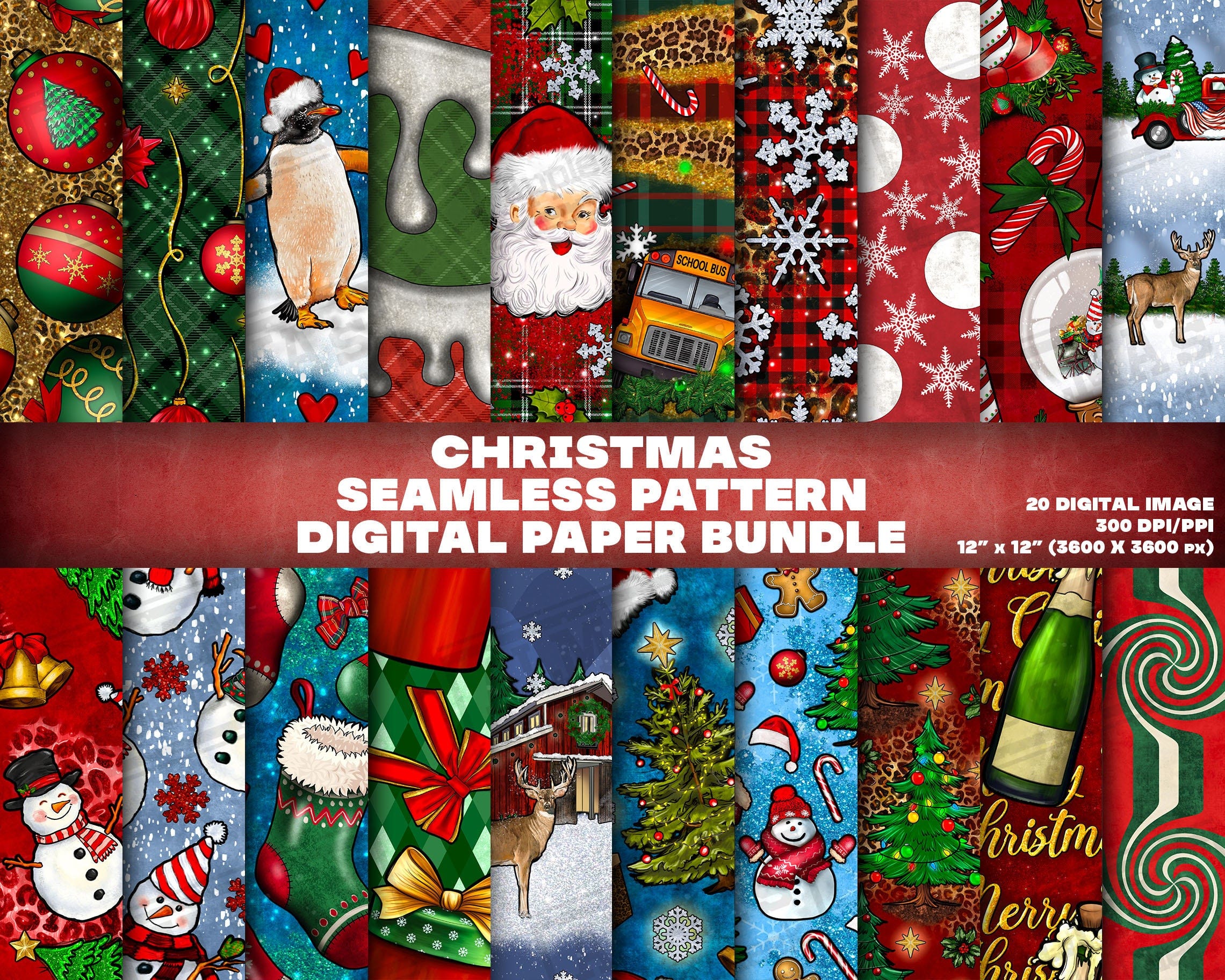 20 Digital Paper, Christmas Seamless Pattern Digital Paper Bundle Png, Printable Christmas Scrapbook Papers, Png Bundle, Digital Paper Png