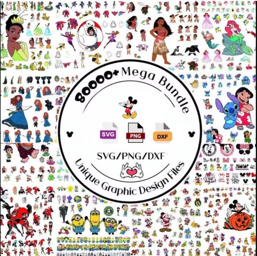 80000+ Mega Svg Bundle Cricut File LAYERED, Mickey Mouse, Minnie, Frozen, Moana, Ariel, Elsa, Stitch, Toy Story, Pooh PNG SVG