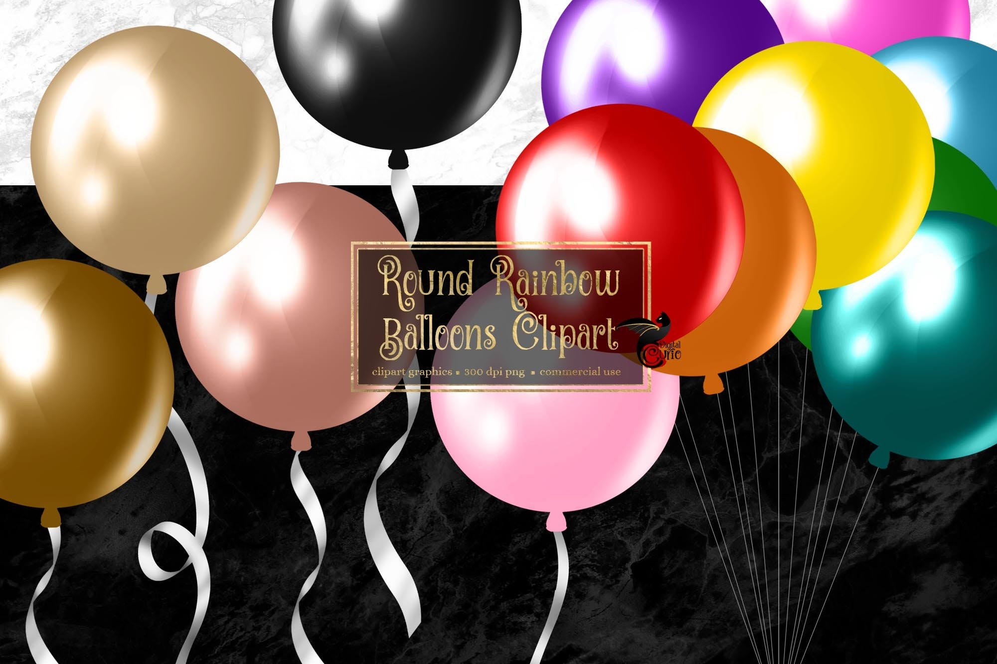 Round Rainbow Balloons Clipart - digital clip art graphics for party invitations and commercial use designs