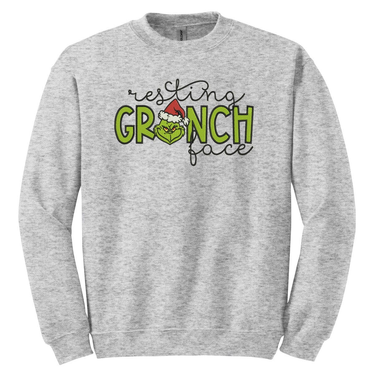 Resting Grinch Face Embroidered Heavy Weight Crewneck Sweatshirt, sweater, Christmas, Holiday, Funny