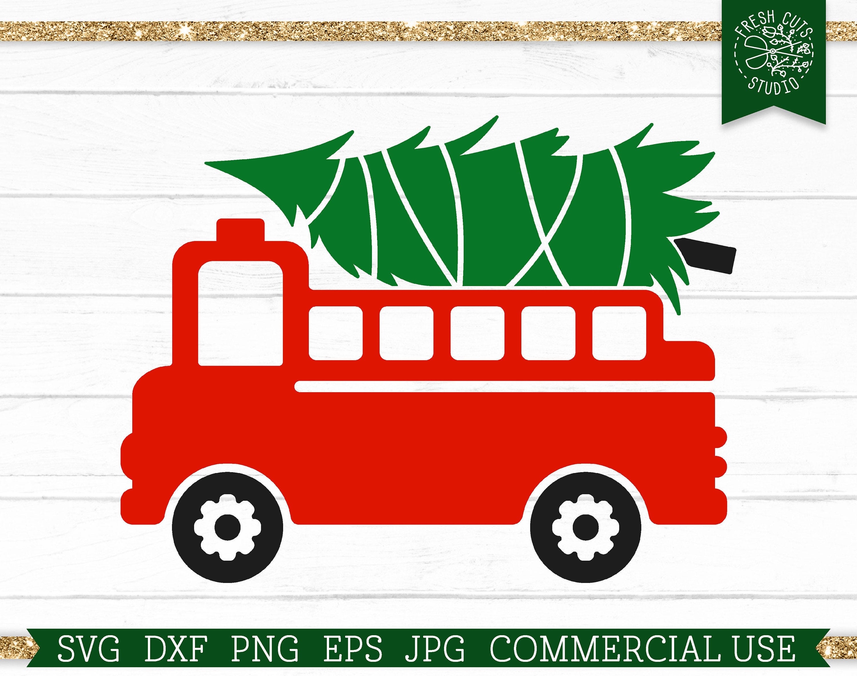 Firetruck SVG Christmas Tree, Fire Truck with Tree Clipart, Christmas SVG for Boys, Firefighter Cut file for cricut, Firetruck Toy Png Dxf