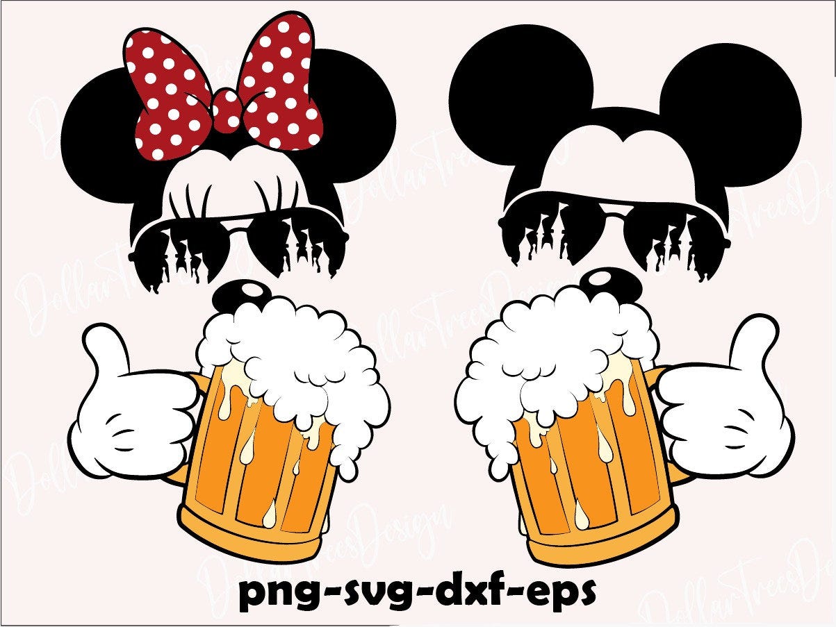 Mickey and Minnie beer, sunglasses, Aviators, family group shirts, minnie and mickey svg, mickey with aviators and minnie with red bow svg