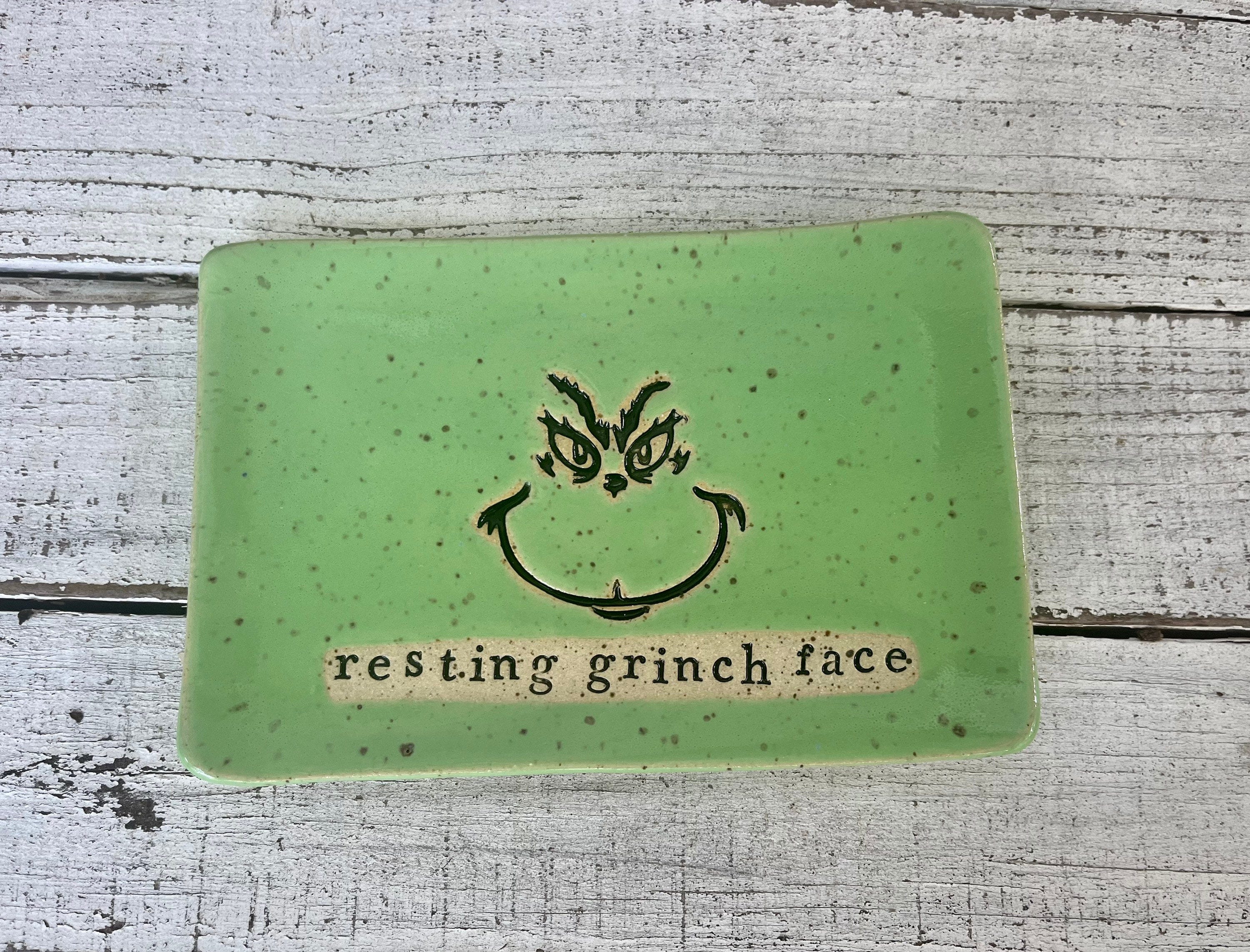 Made to order - Ceramic dish funny- Trinket Plate - Hostess Gift - pottery- plate- soap- spoon rest- candle- keys- jewelry- Grinch face