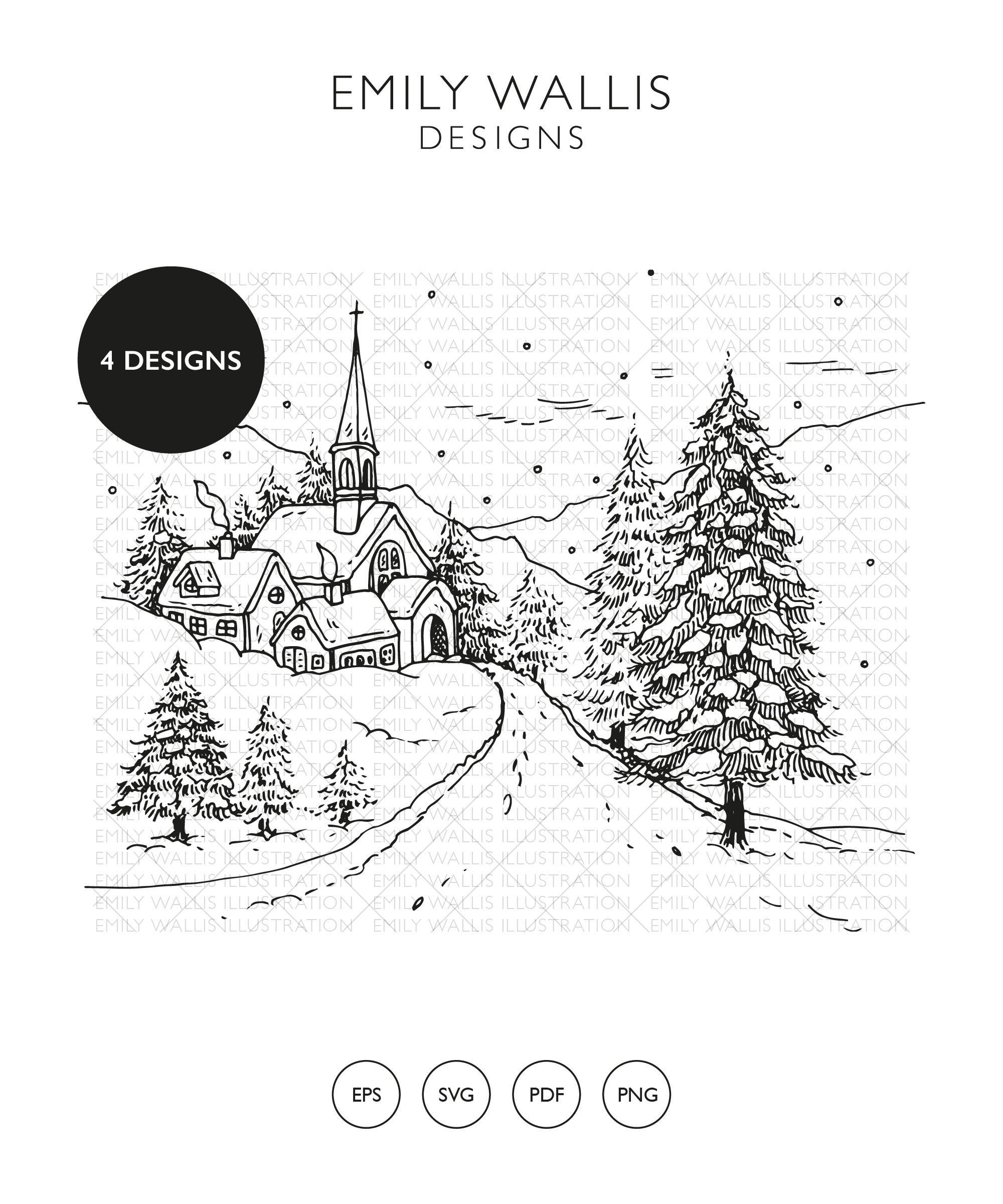 Christmas Clipart Commercial License, Cottage Winter Scene SVG, Winter Clipart, Church Christmas PNG, Village Christmas tree svg, Snow png,