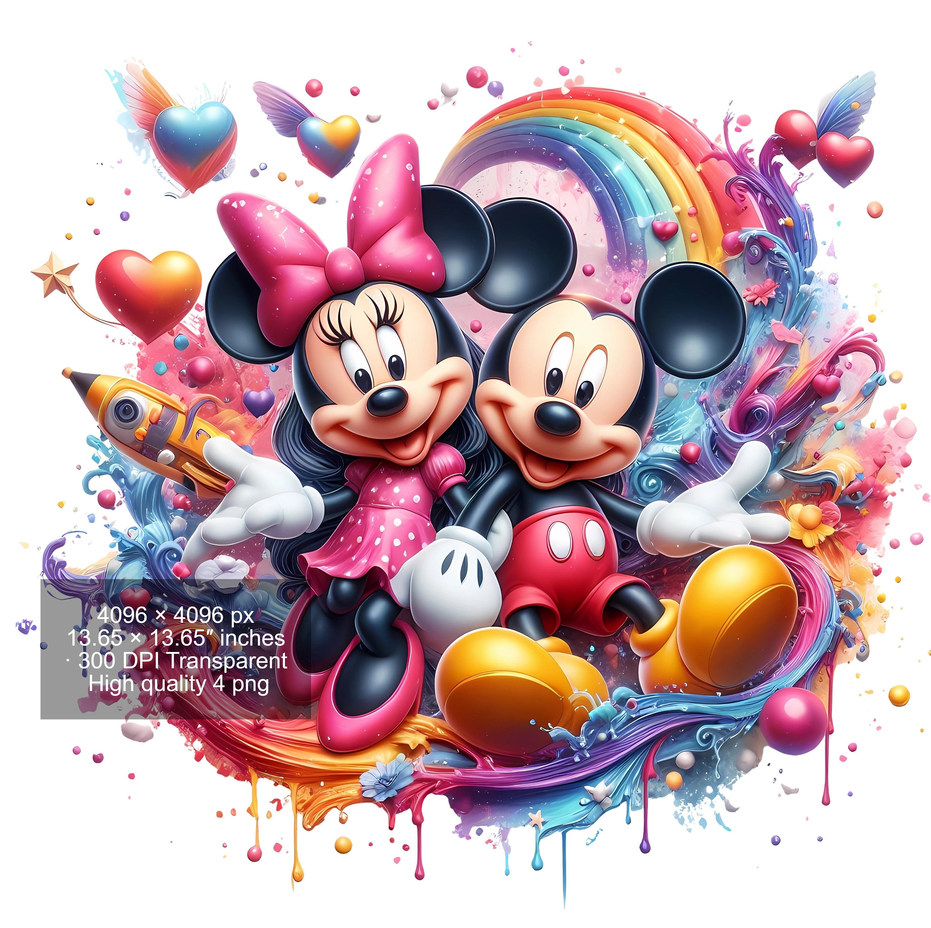 4 PNG Mickey Mouse and Minnie Splash and Watercolor Digital design PNG file for sublimation - High Resolution -Instant Digital PNG Download