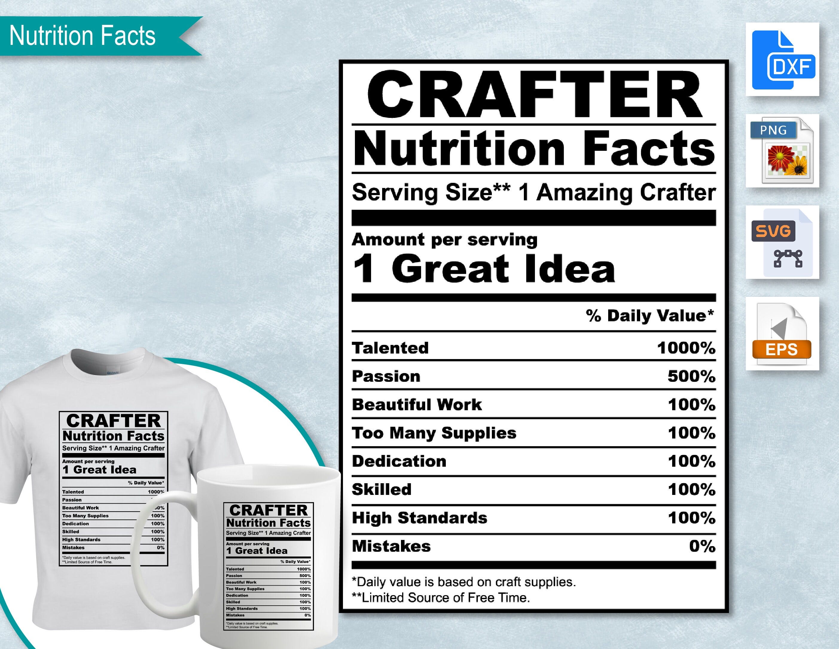 Crafter Nutrition Facts, SVG Nutritional Fact Label Template, Printable, DIY, Eps, PNG, SvG, DxF, Cricut, Silhouette