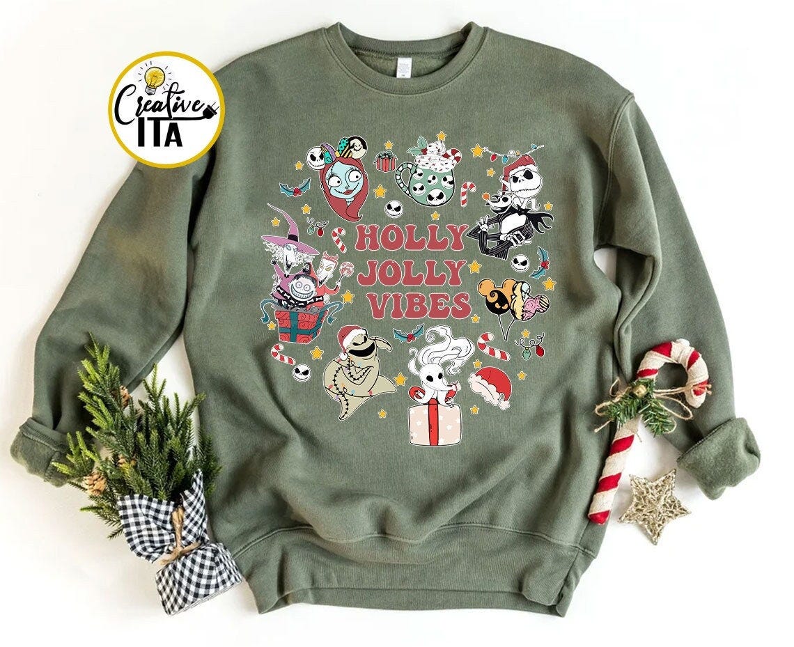 Vintage Nightmare Before Christmas Sweatshirt, Holly Jolly Vibes Disney Christmas shirt, Santa Jack Sally Oogie Boogie, Disneyland Xmas Gift