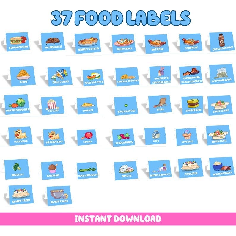 Bluey Birthday Party | 37 Food Labels Bundle | Blue Dog | Digital Download