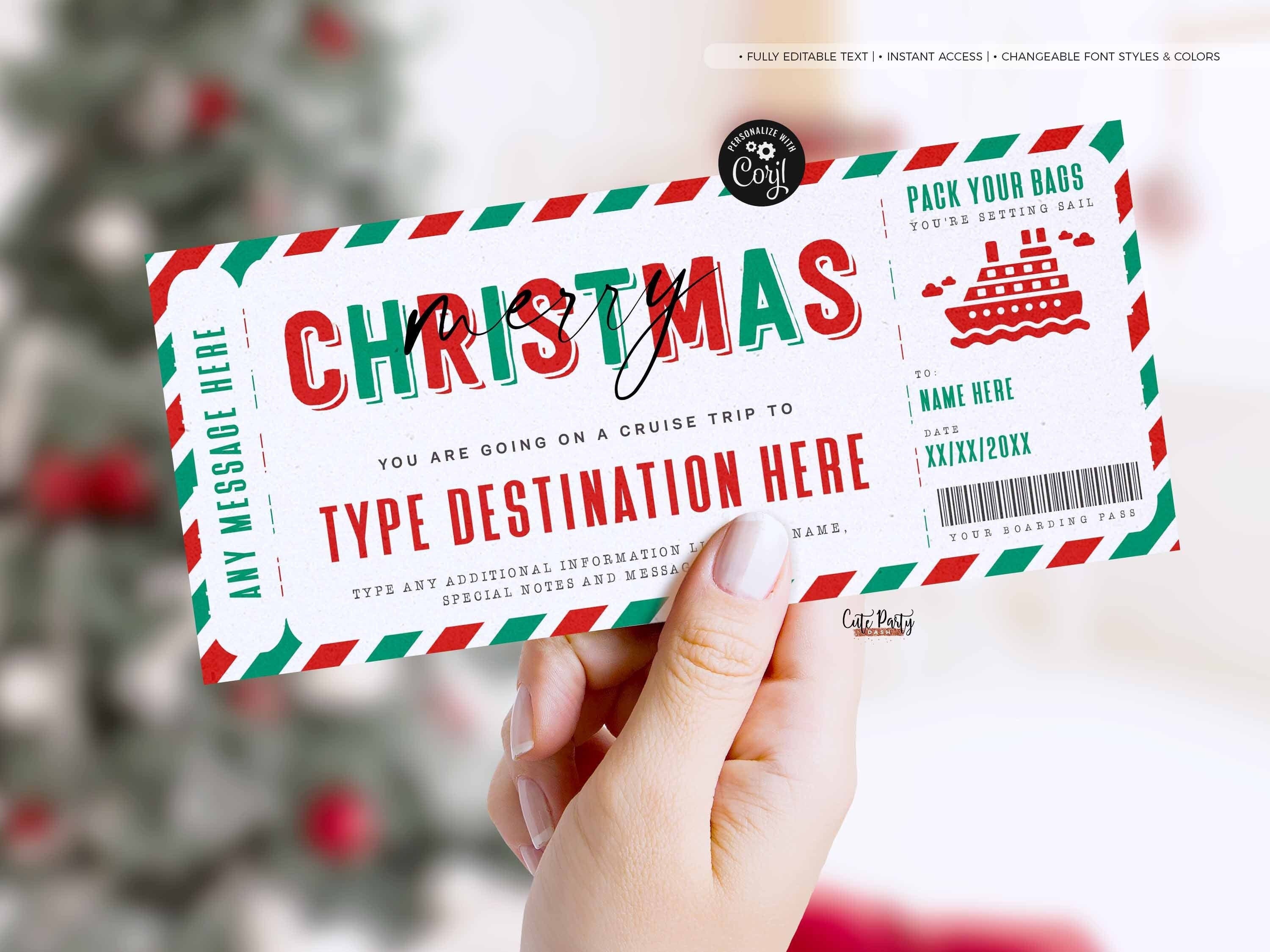 Christmas Cruise Boarding Pass Vacation Ticket Gift Voucher, Editable Template, Holiday Vacation Surprise Cruise Trip, INSTANT DOWNLOAD