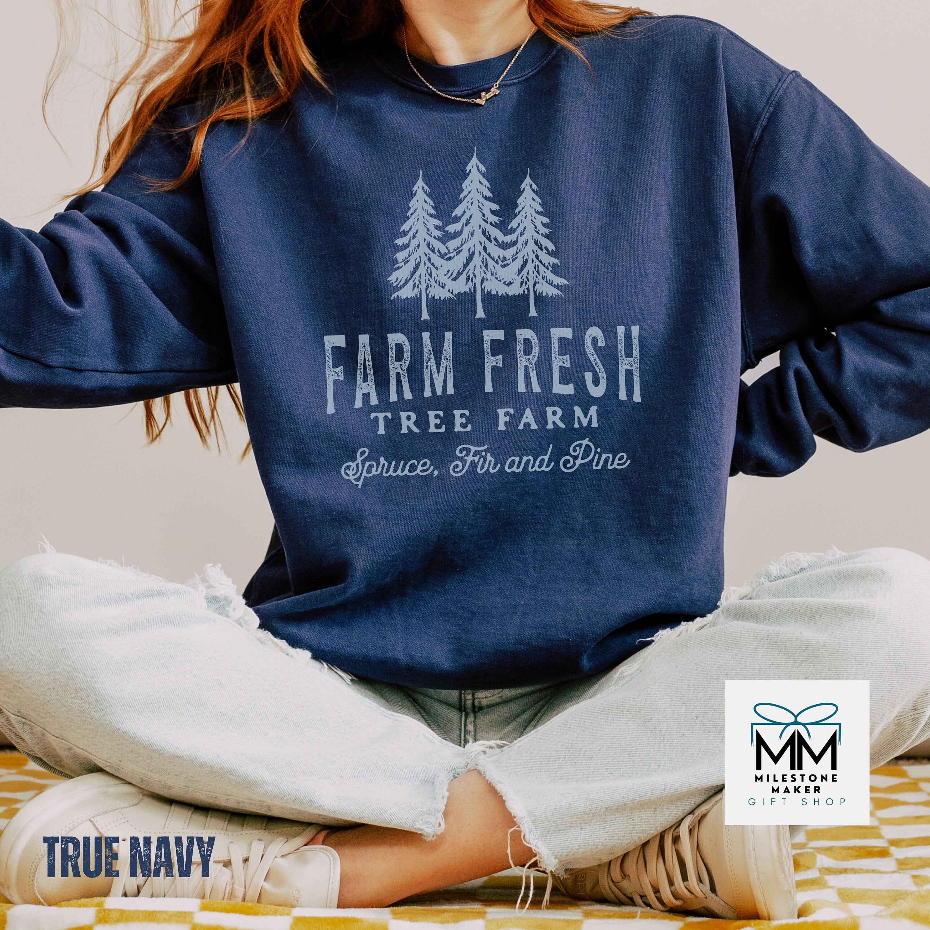 Farm Fresh Tree Farm Comfort Colors Sweatshirt, Blue Christmas Tree Sweater, Vintage Style Holiday Shirt , Womens Winter Cozy Crewneck Shirt