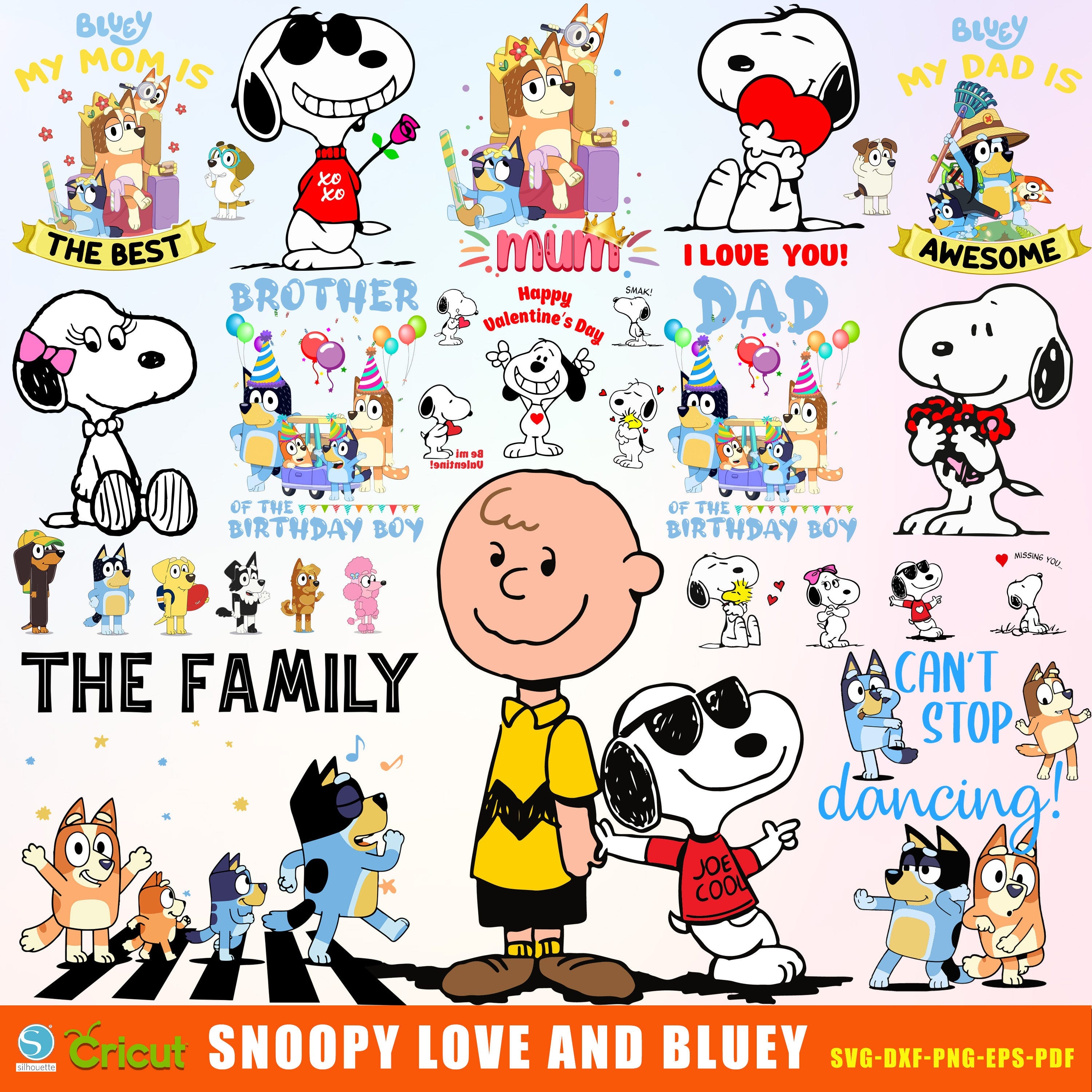 80+ Bluey and Snoopy Love Pack | Snoopy Love and Bluey Family  Bundle | Snoopy Clipart Svg, Cricut Svg, Silhouette Svg 80+ UNIQUE DESIGN