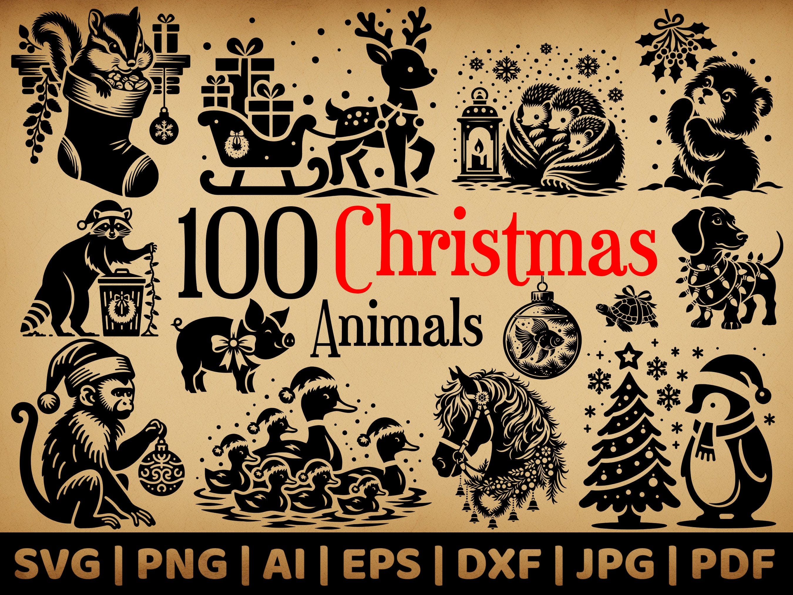 100 Christmas Animal Bundle | Commercial Use Vector Graphics | Svg, Png, Dxf, Eps, Pdf, Ai, Jpg Formats | Sublimation, Laser Engraving, Logo