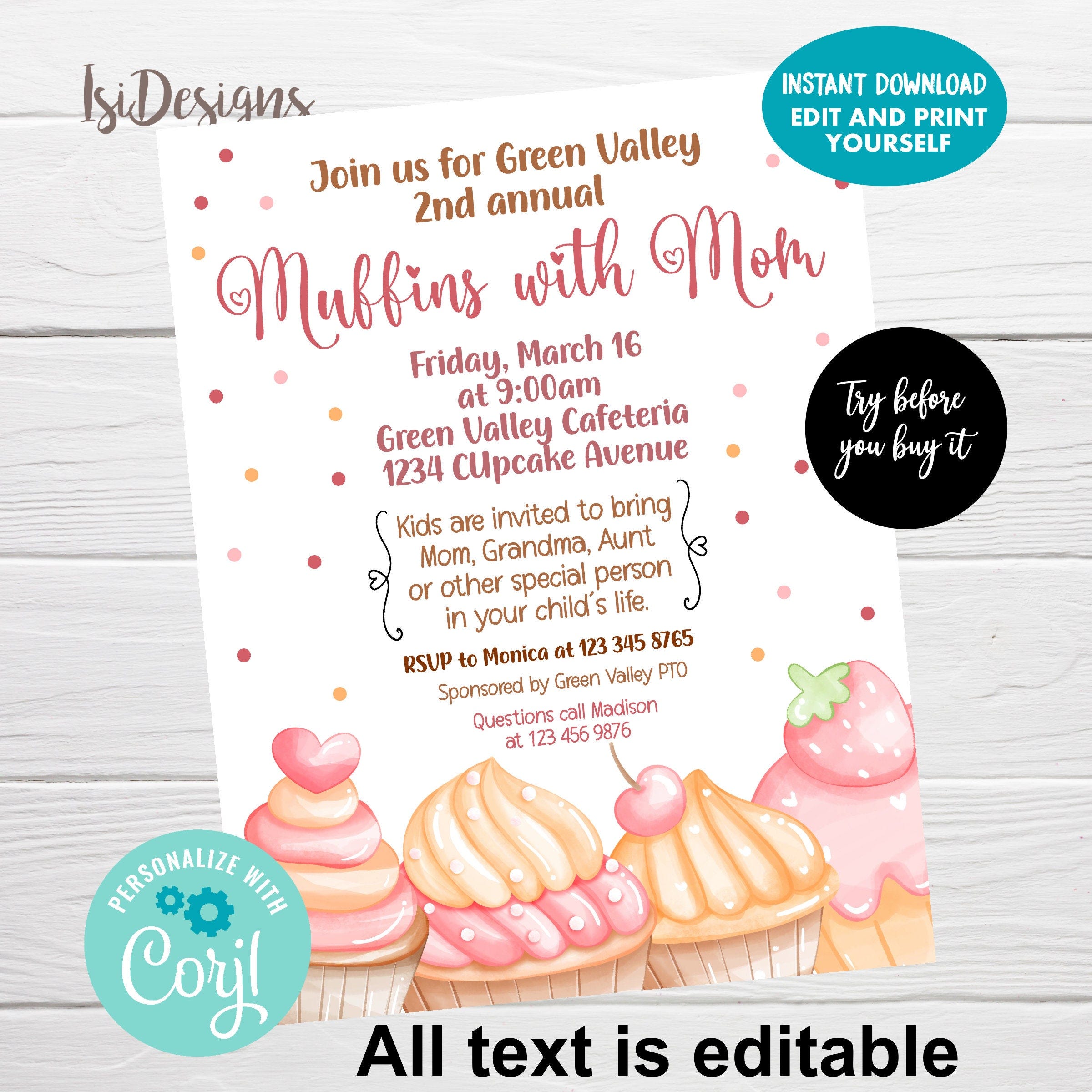 EDITABLE Muffins With Mom Flyer, PTA/PTO Mother