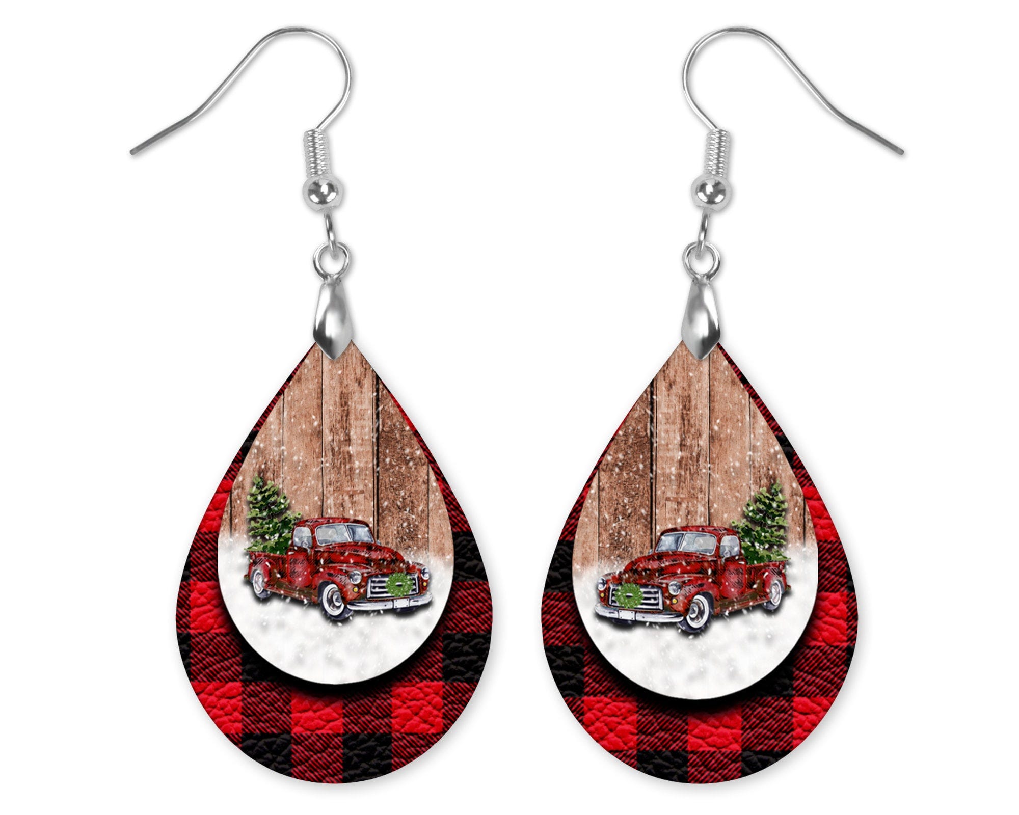 Buffalo Plaid Red truck Tear Drop Earrings - Red Buffalo Plaid Christmas Earrings - Christmas Jewelry- Ugly Sweater - Mini Teardrop Earrings