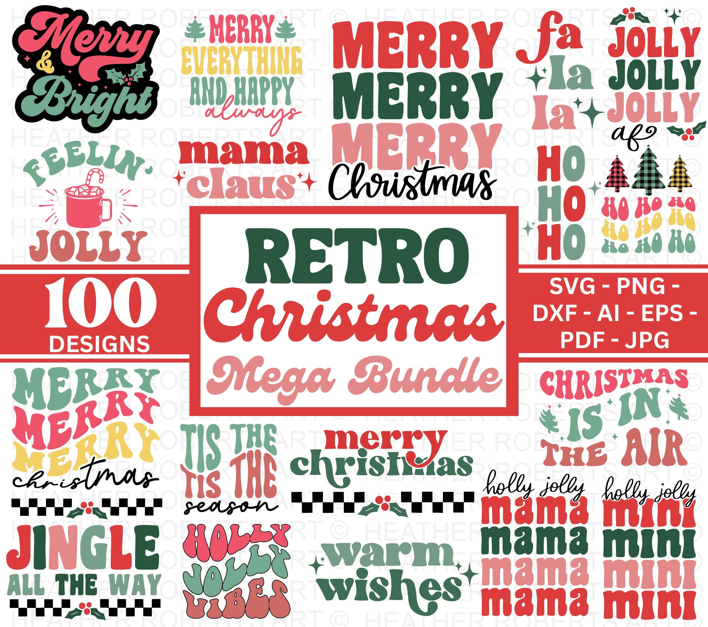 CHRISTMAS RETRO MEGA Bundle, 100 Designs, Heather Roberts Art Bundle, Christmas svg, Winter svg, Holidays, Cut Files Cricut, Silhouette
