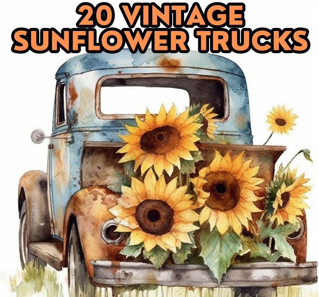 Vintage Farm Truck with Watercolor Sunflowers Clipart Bundle - 20 PNGs, 300 DPI, Watercolor, Commercial Use, Instant Download