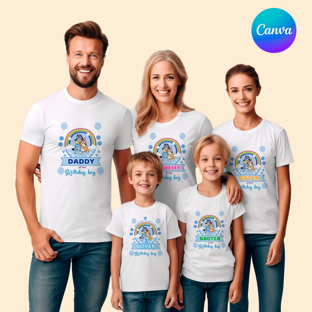Family Digital Personalised Design Bluey Dog Birthday T-Shirt, Bluey Birthday Shirt,Custom Name Age Birthday Boy,Digital Download,Canva DD04