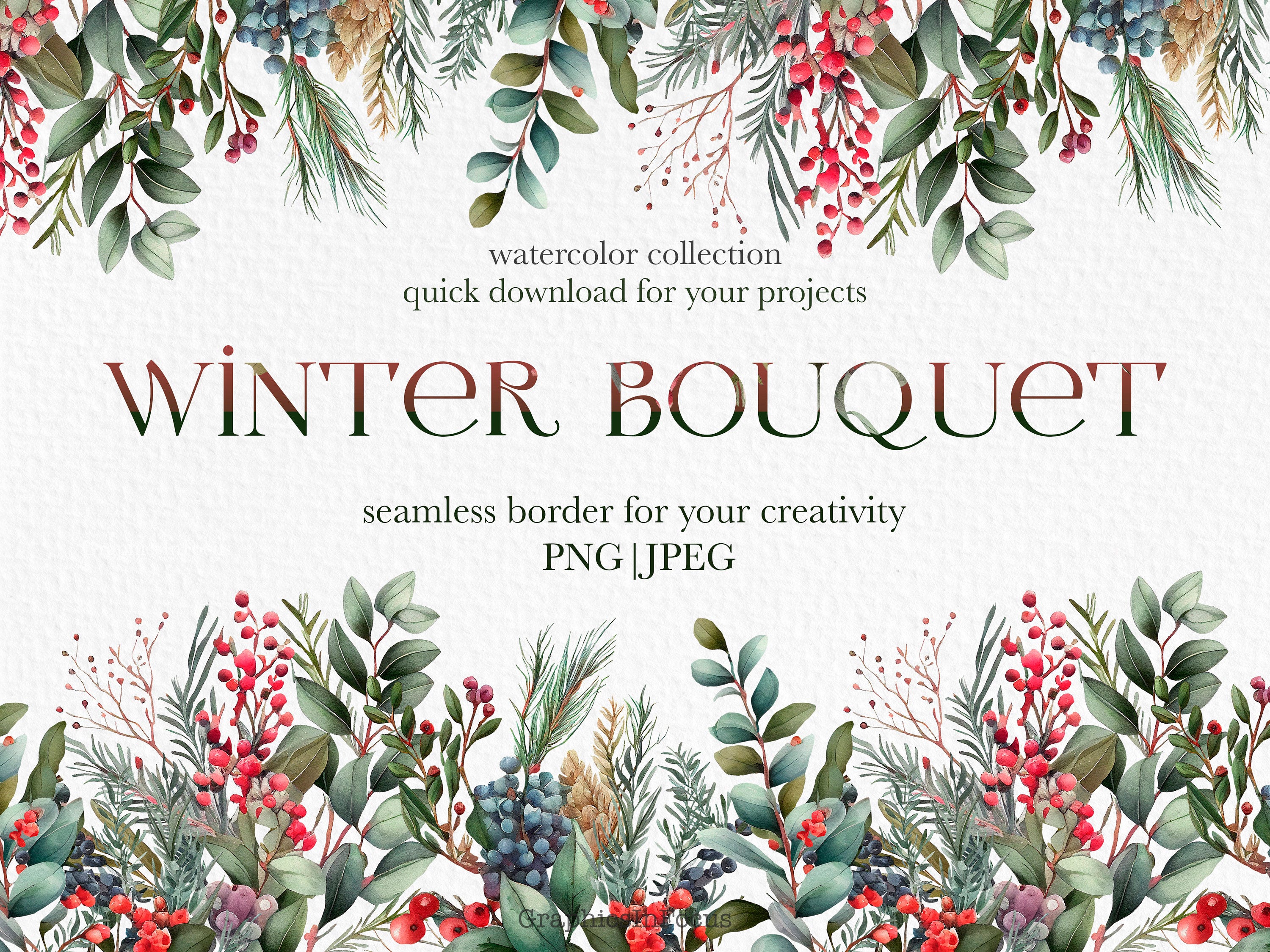 Winter bouquet , Christmas border with holly and eucalyptus , seamless border , Christmas clipart , Digital download , Commercial use