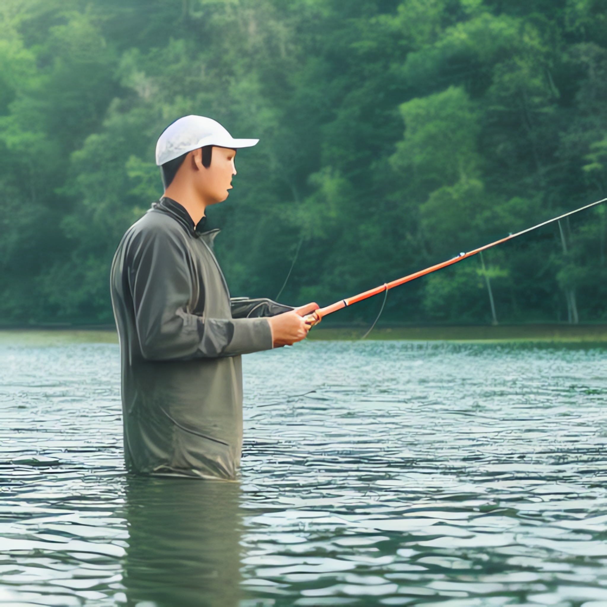 Here is the image created using the prompt "A person fishing on a calm lake with a scenic view, fish already caught and angling on the rod, happy person, close up"