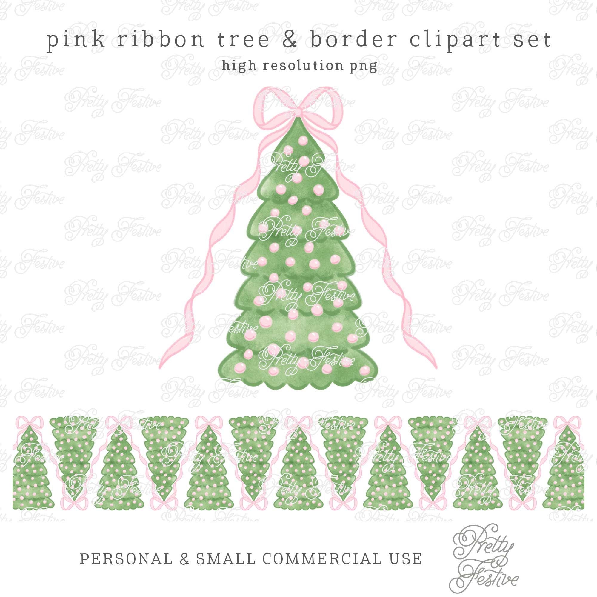 Grandmillenial Christmas Tree Ribbon Clipart & Border Set  Graphics Hand Drawn Botanicals, Pink Christmas sublimation design 053