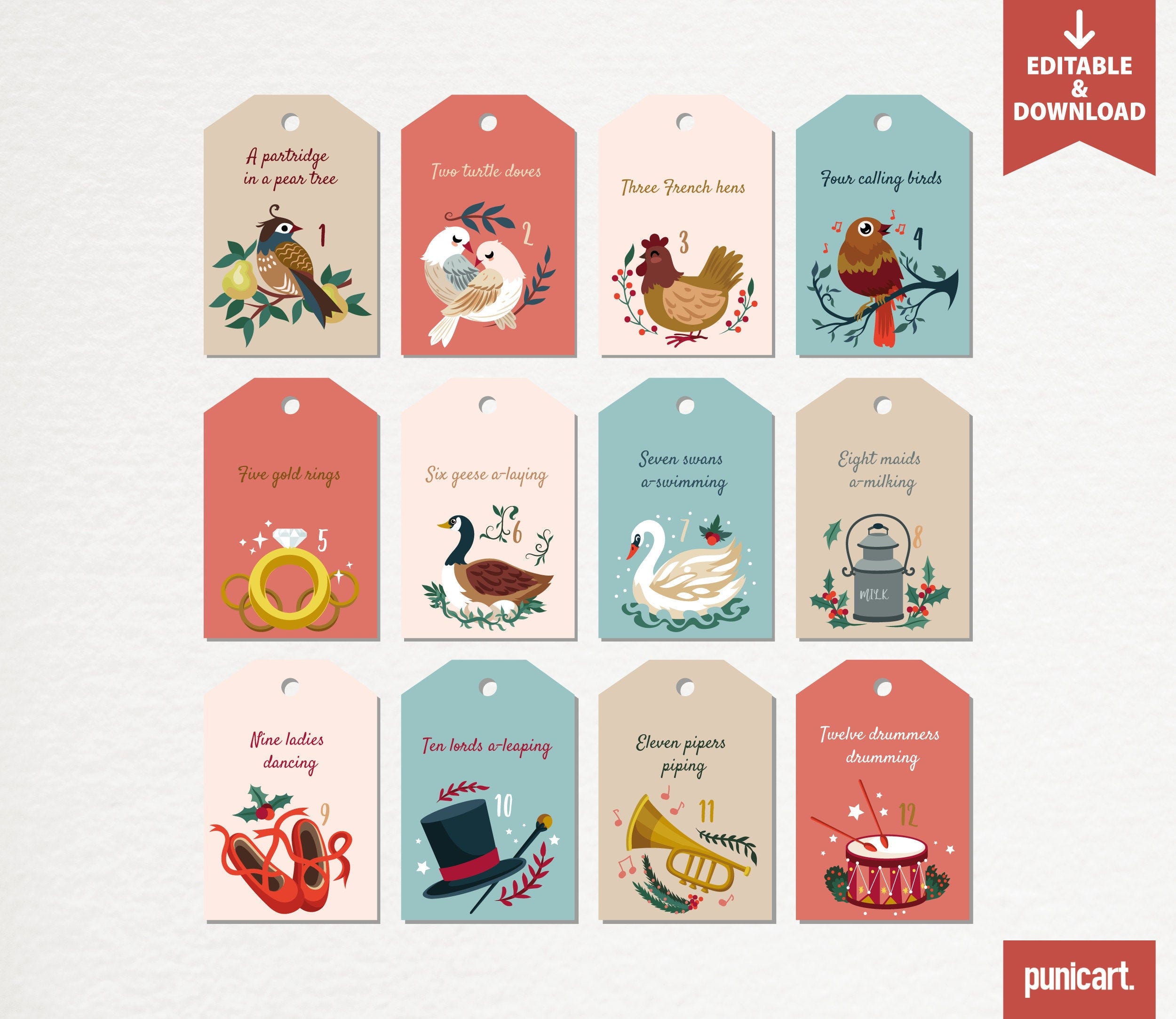Animated 12 Days of Christmas Gift Tags Template | Printable Favor Tags | Instant Download