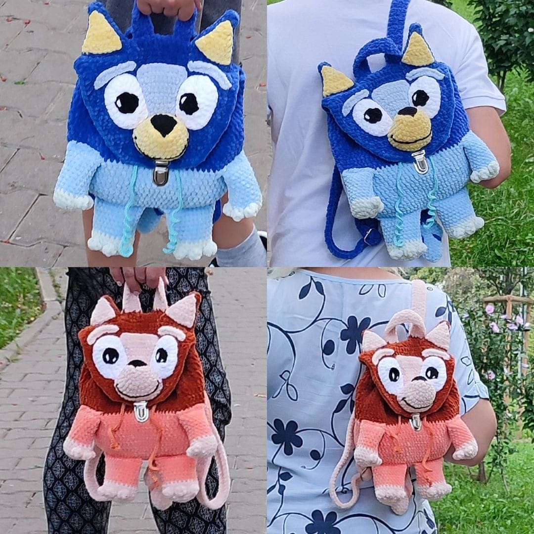 2 Bluey and Bingo backpack crochet pattern, puppy dog, 2 Cartoon Characters Bag Pattern, baby bag, child bag, Bluе Dog - Backpack, Bingo Dog