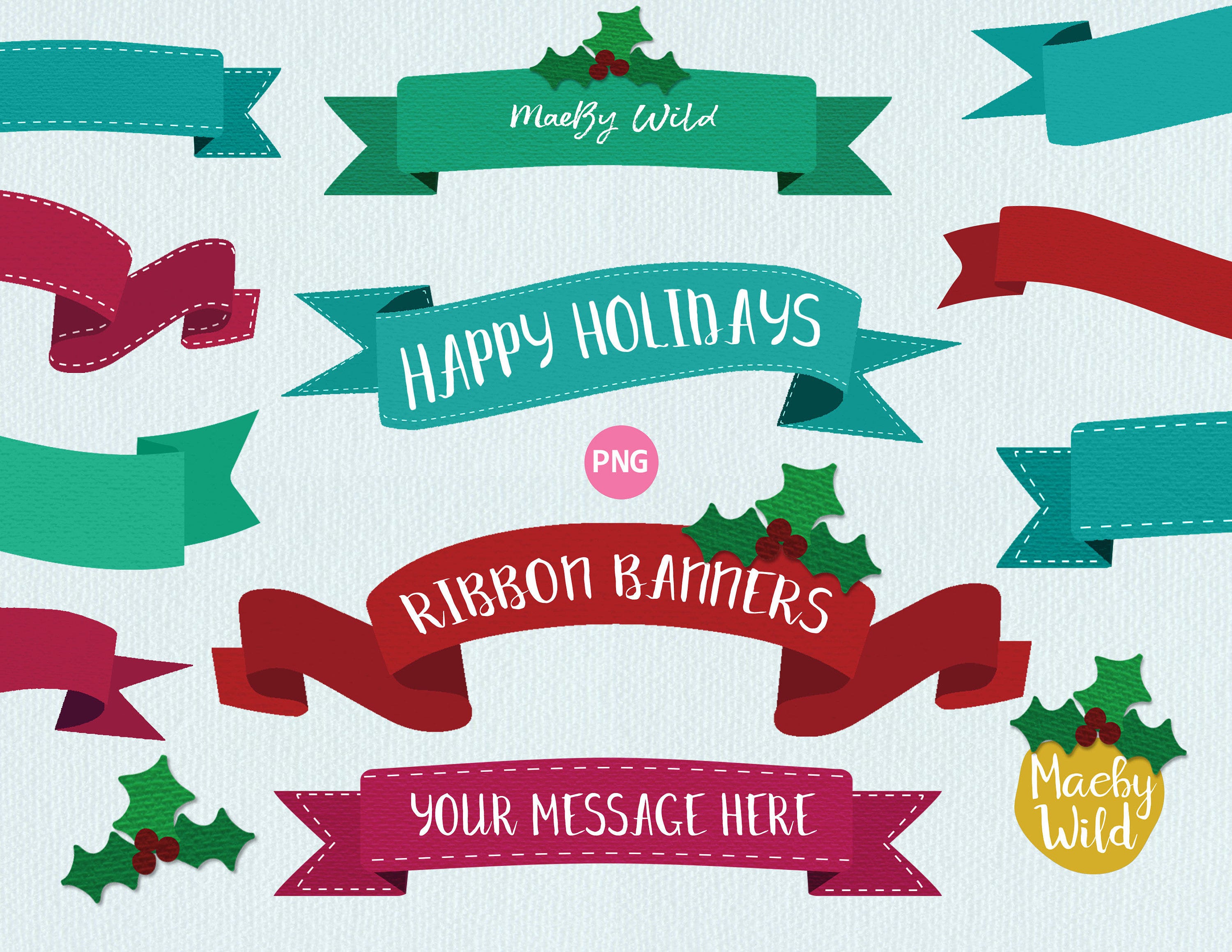 Christmas ribbon banner clipart. Hand Drawn and cut out Banners & Ribbons Bundle Instant digital download