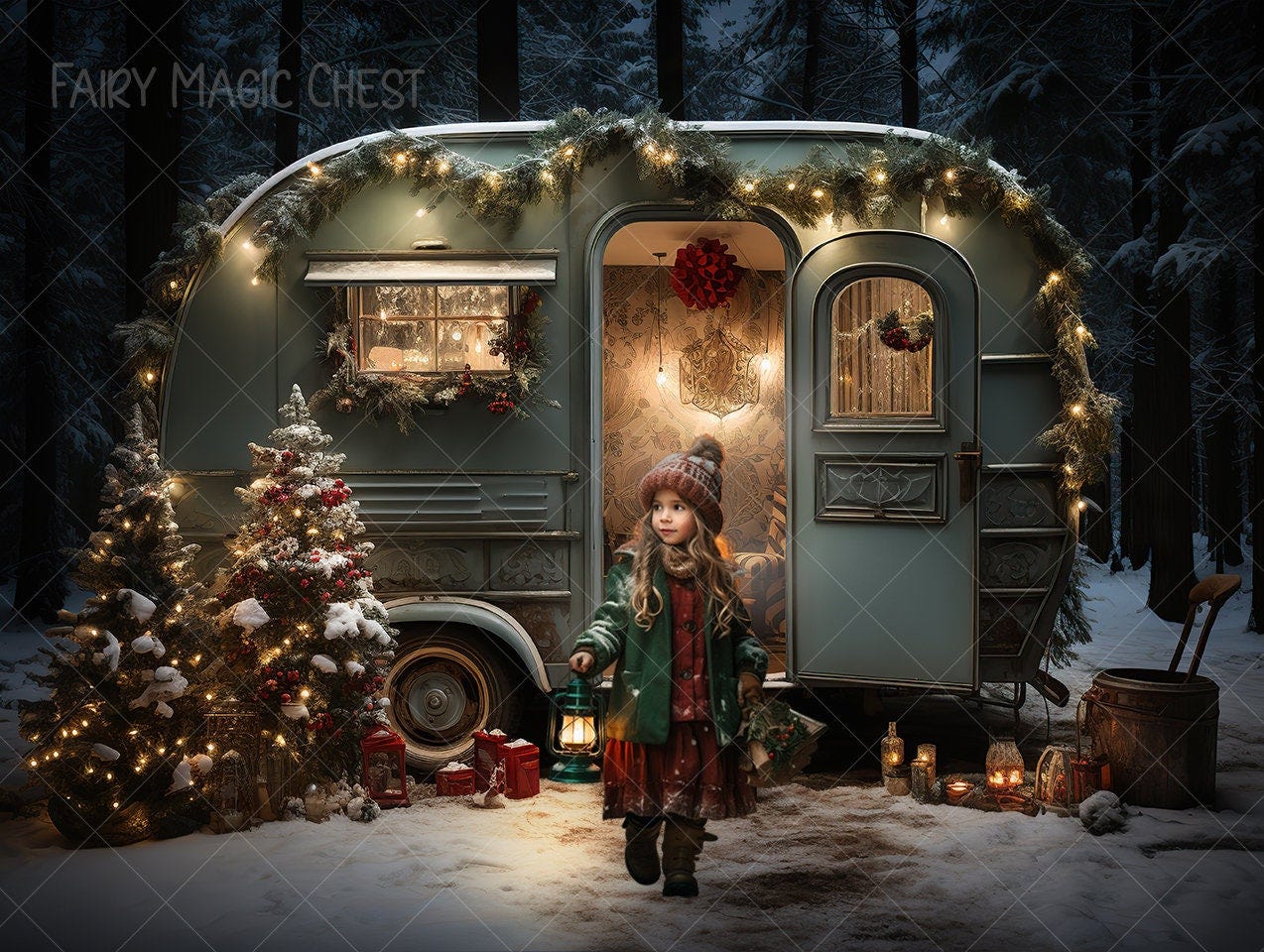 Christmas Camper Digital Background. Magical Night. Christmas Digital Backdrop for Photography. Instant download.