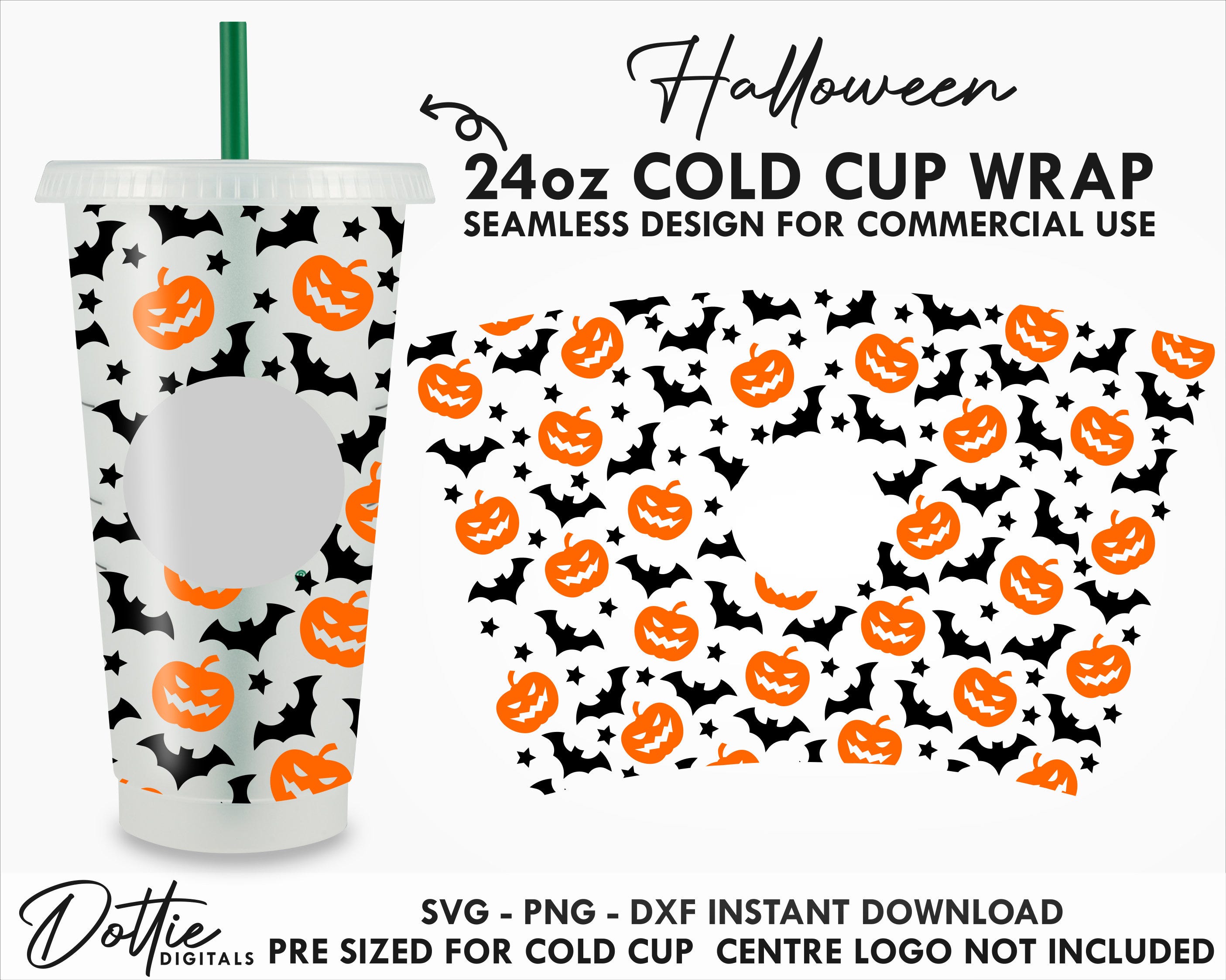 Sbux Cup SVG PNG DXF Halloween Bats and Pumpkins Cold File 24oz Venti Cup Instant Digital Download Coffee Circut Silhouette Cut File