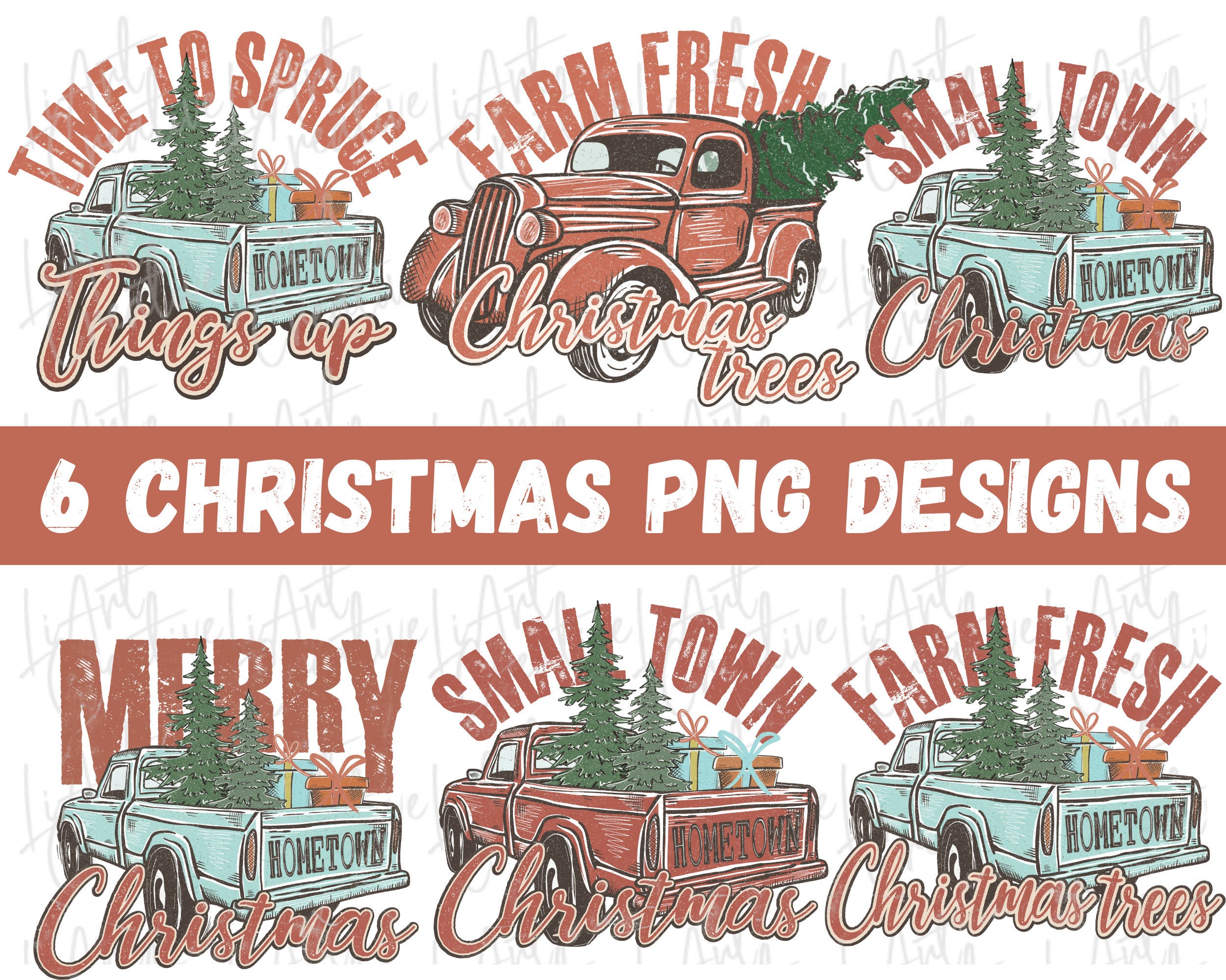 Bundle Retro Truck with Christmas Trees 6 PNG Designs, Christmas Sublimation png Design, Christmas Vintage Truck  png