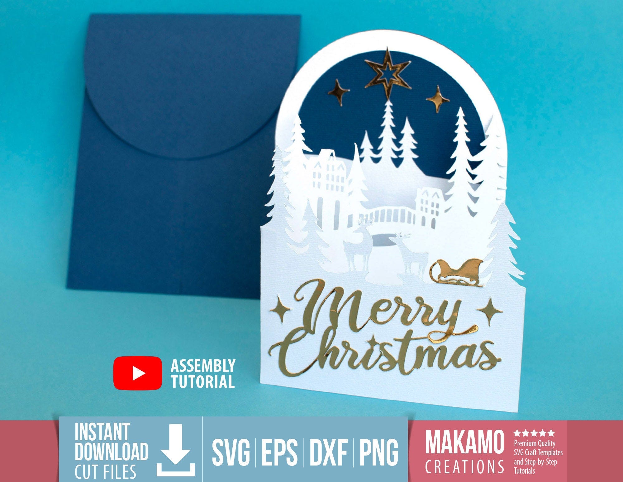 3 Fold Christmas Card svg template, Accordion 3D pop up Christmas Card, Classic Christmas design, Merry Christmas card cut files for Cricut
