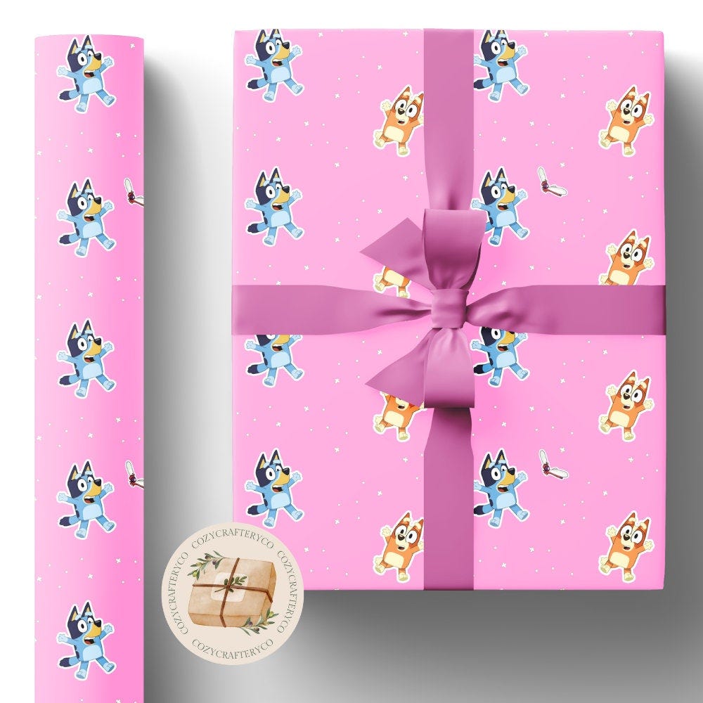 Pink Bluey Gift Wrapping Paper Rolls (Eco Friendly Cartoon Bluey and Bingo Gift Holiday Recycled Sheets for Kids Gift Wraps) (Matte, Satin)