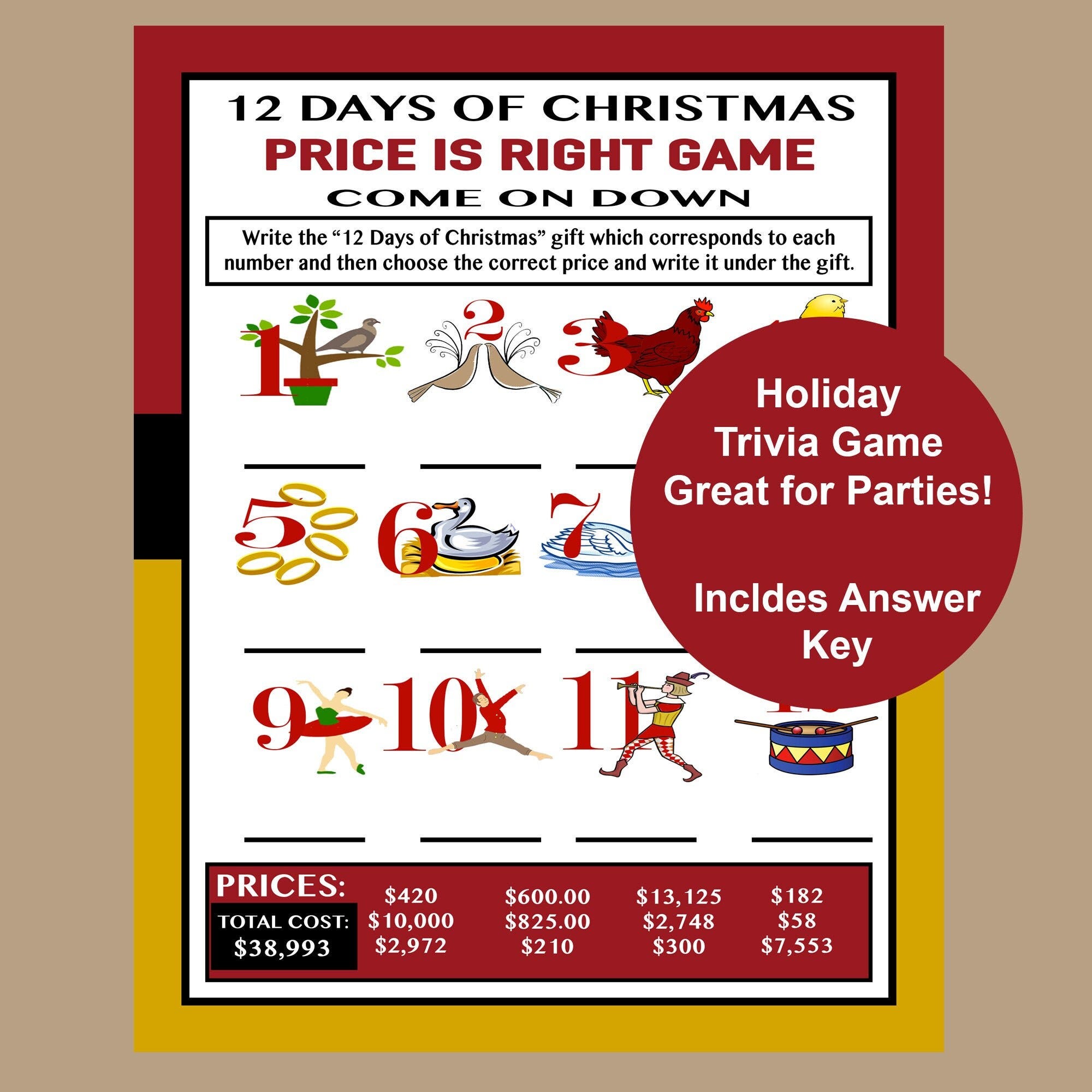 Christmas Trivia, 12 Days of Christmas Trivia Game, Price is Right Game, Cocktail Party, Senior