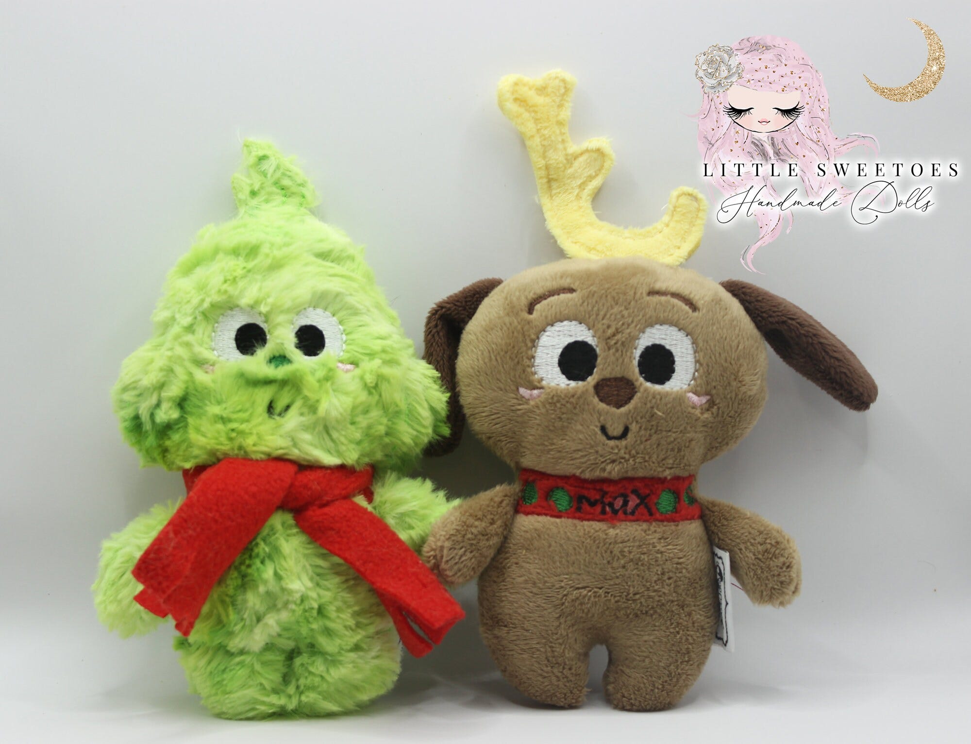 Grinch & Max  Mr. Mean Green Guy Minky Plush Stuffie, Holiday Cute Soft Plushie Stuffie, Embroidered Handmade Stuffed Cuddle Christmas Gift