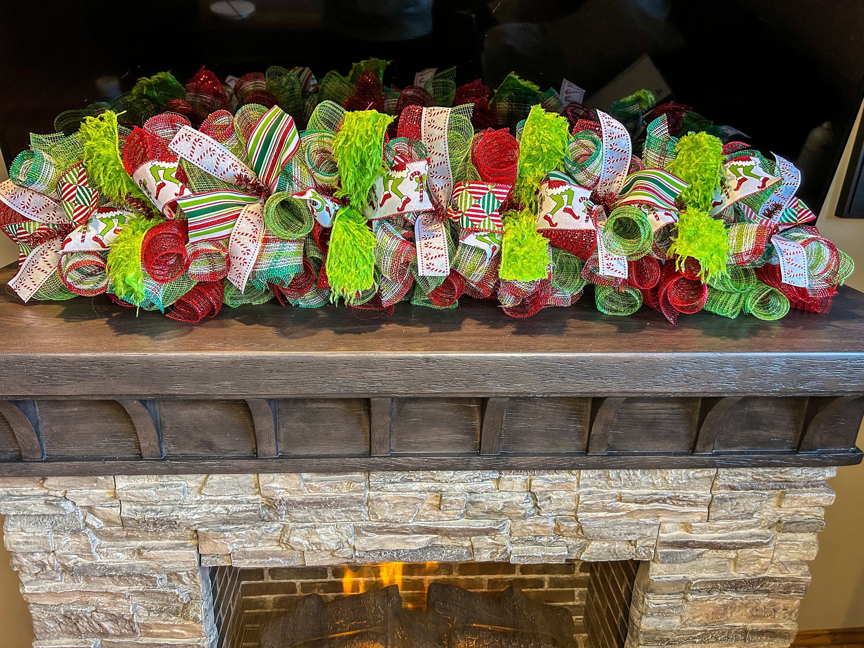 Whimsical Christmas grinch like garland/ /Christmas red, lime and white garland / grinch like Christmas swag/ grinch like mantle swag