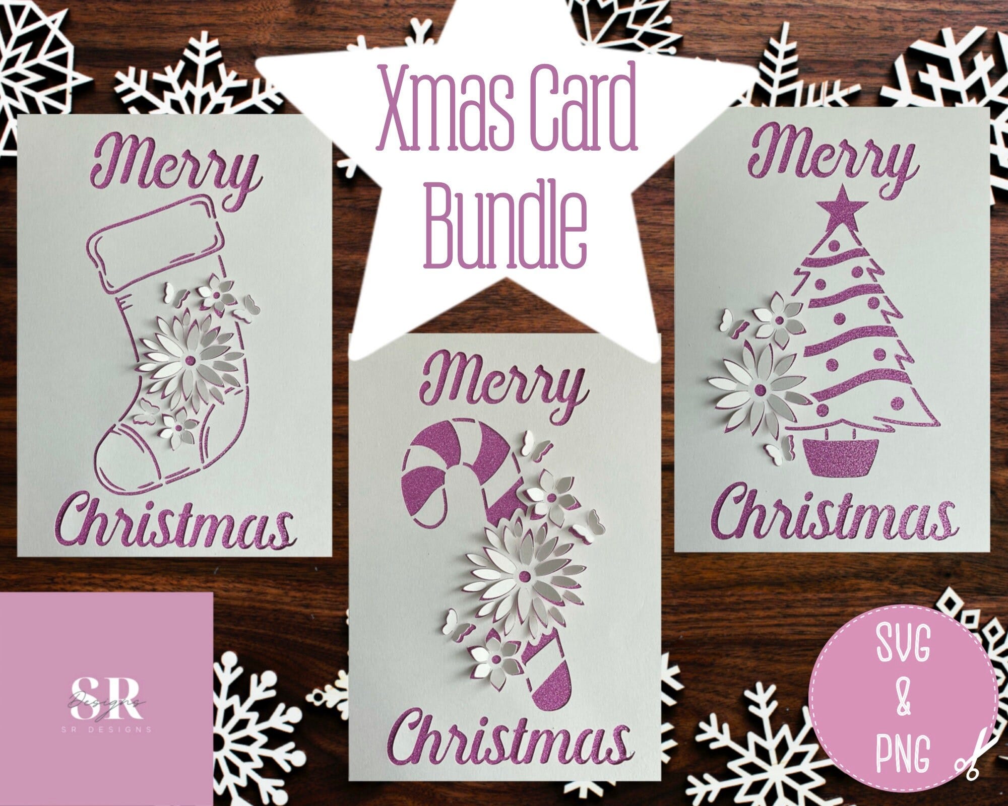 SVG: 3D/ ‘pop up’ Christmas card bundle. 3 designs. Candy cane. Christmas tree. Stocking. Merry Christmas. Pop up card. Pop up svg. SVG/PNG.