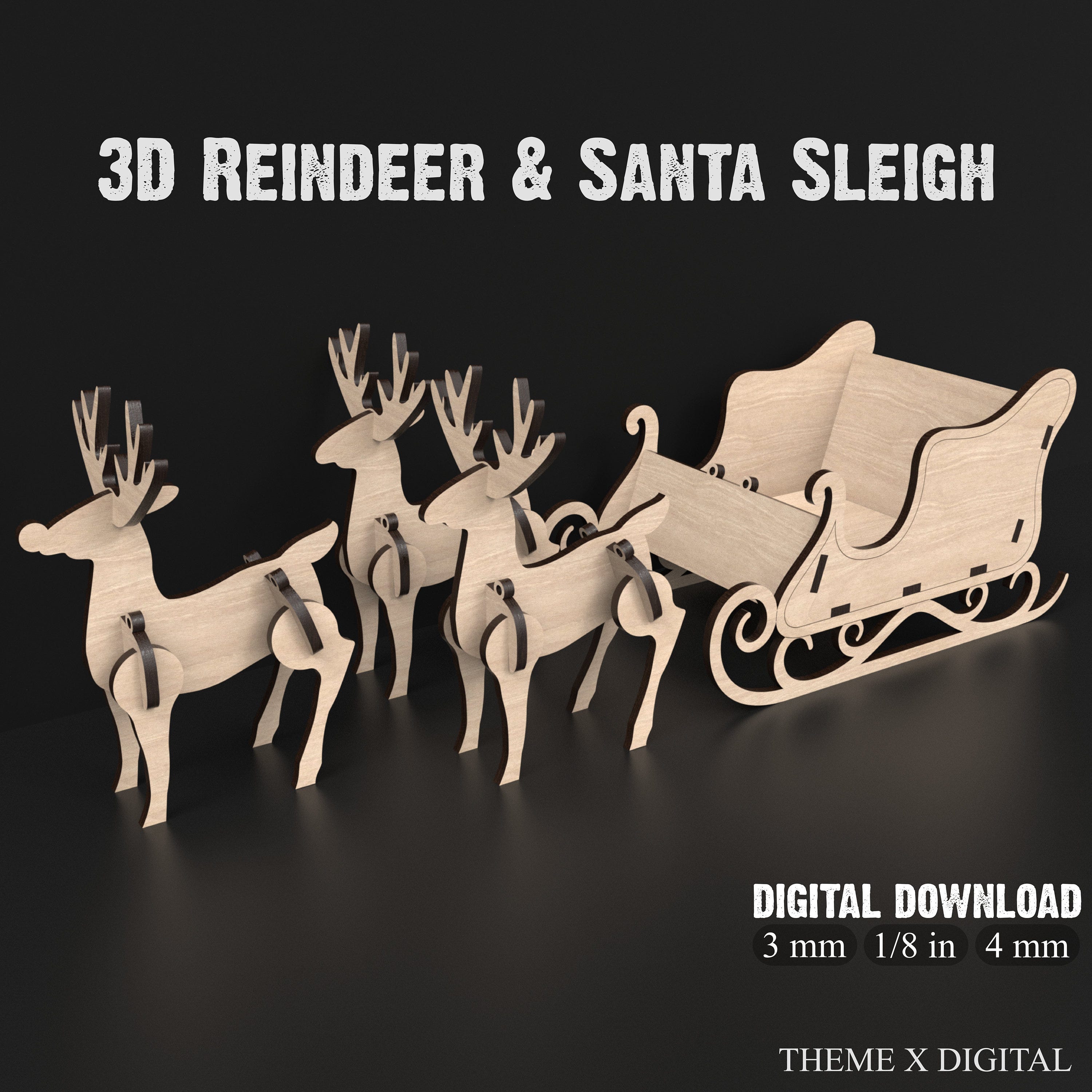 3D Reindeer Svg & Santa Sleigh Svg Laser Cut Files, Christmas Sleigh Santa Svg Files, 3D Svg Laser Cutting Files for XTool Etc. #062