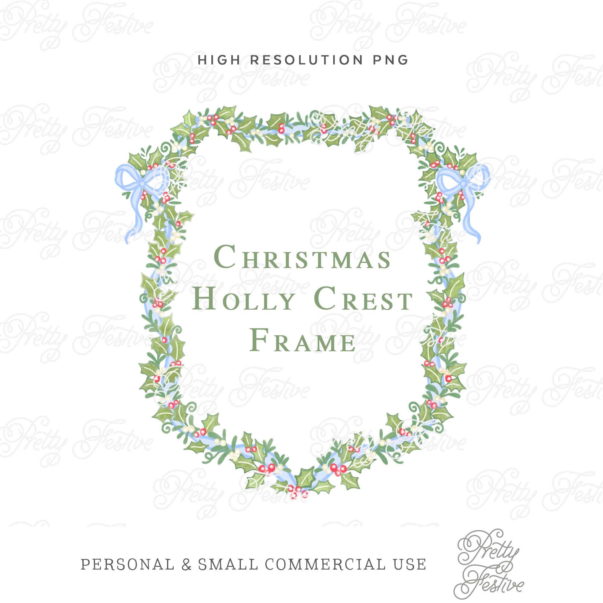 Christmas Crest Clipart, Blue Bows & Greenery Holly Berries, Christmas Swags Ribbon, Grandmilennial Preppy Christmas Crest 097