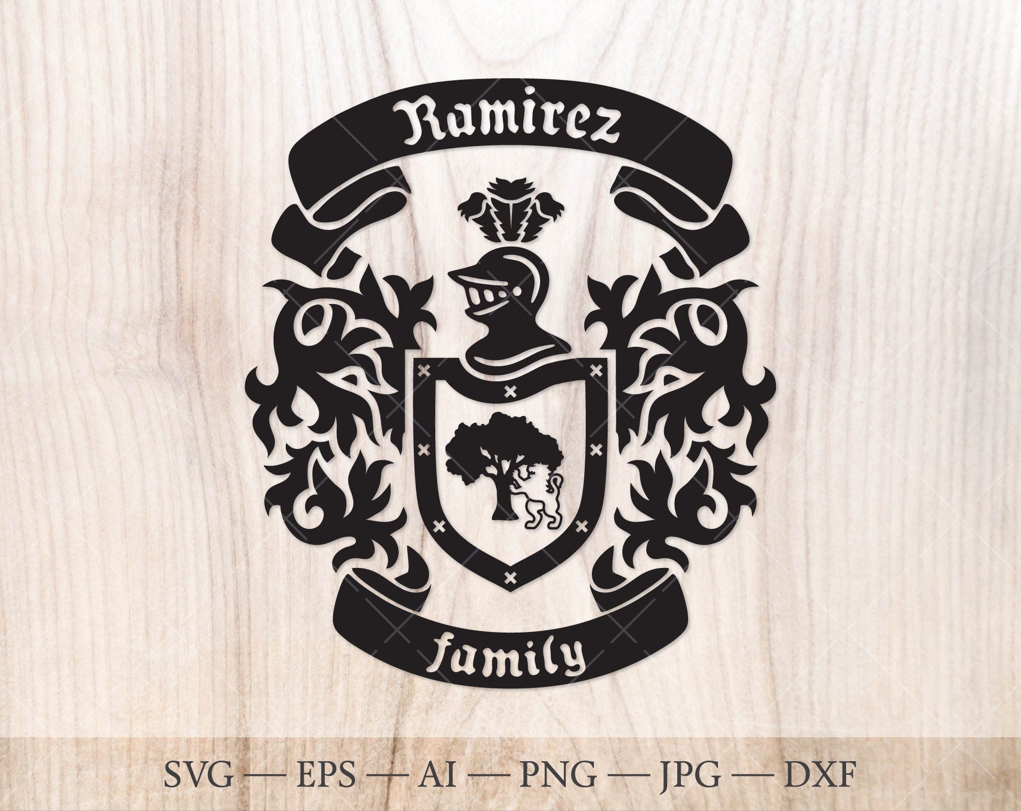 Ramirez Family crest. Coat of arms svg. Heraldic shield with tree and white lion, ribbon banners SVG.