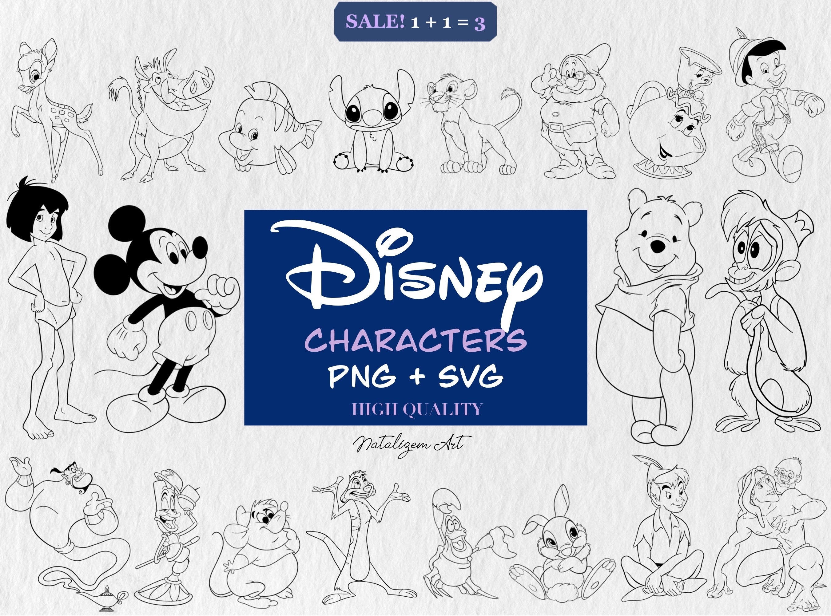 Fantasy Outline SVG PNG Bundle | Characters for Cricut | Lion King SVG | Fairytale svg| Magical kingdom Family | Files for cricut | Pinocchi