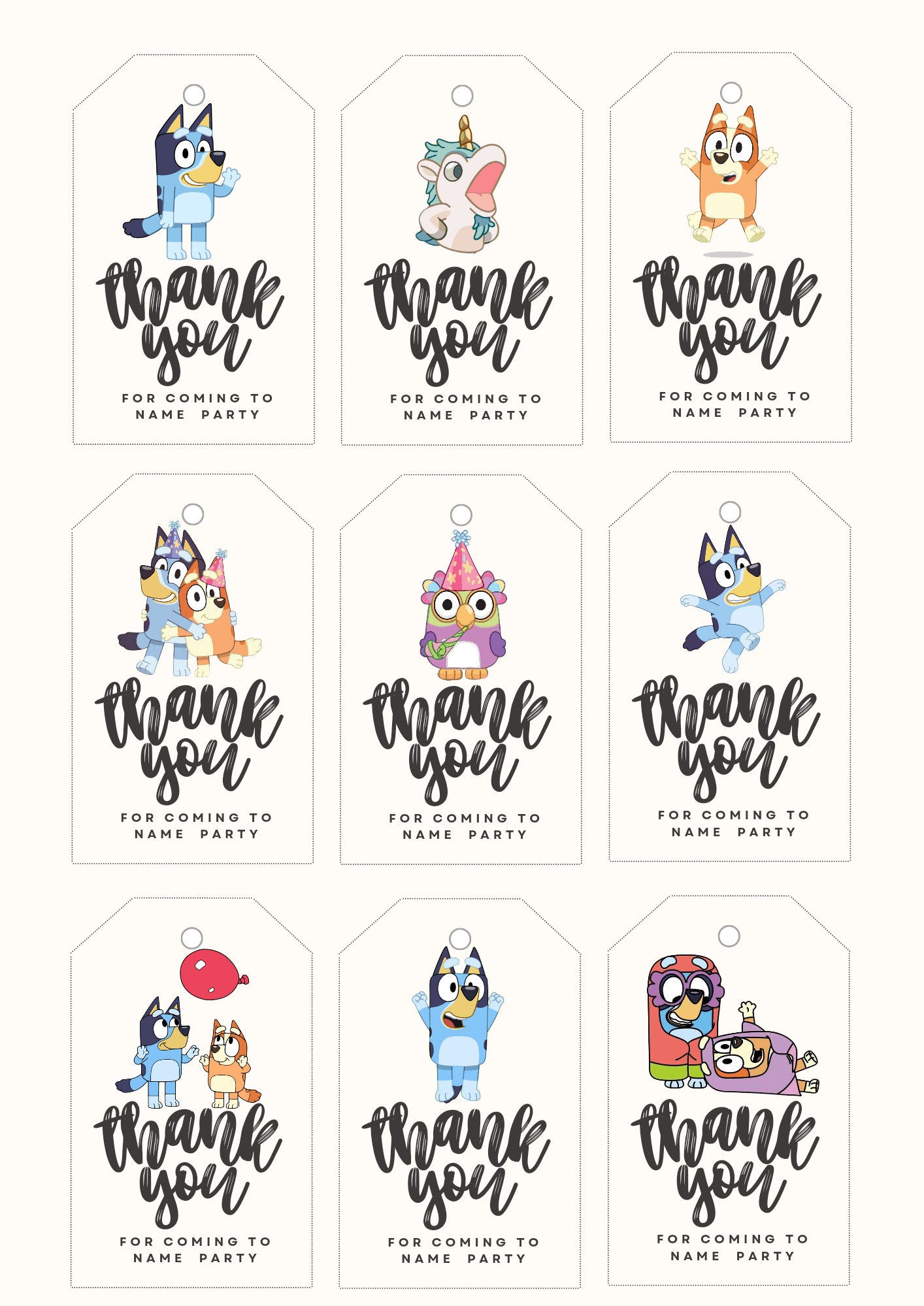 Bluey birthday  THANK YOU tags editable, digital, instant download