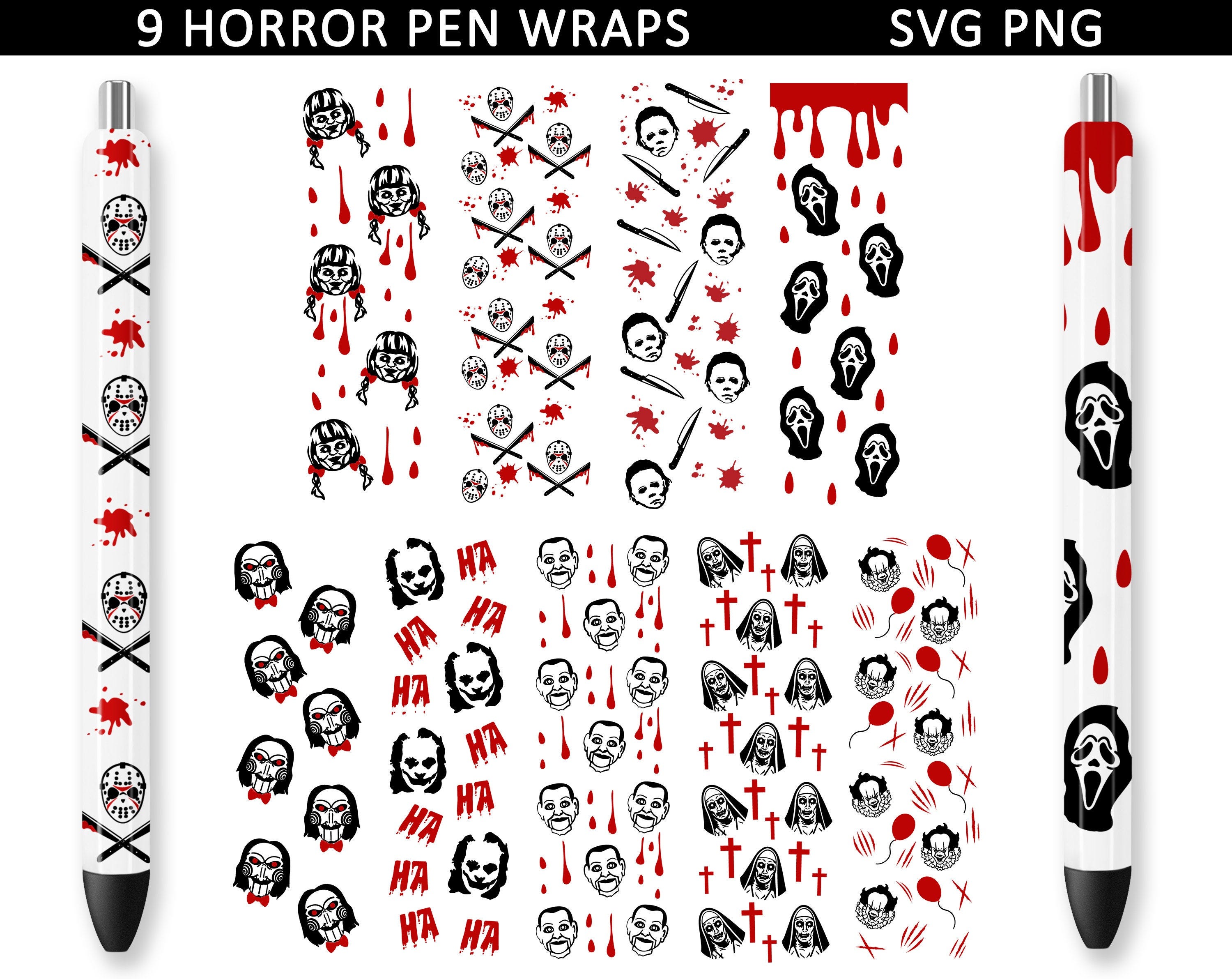 Horror Pen Wraps Bundle, Pen Wrap svg, Horror Movies svg, Halloween svg, Horror svg, Epoxy Pen Wraps, Pen Wrap Bundle, Ink Joy Pen Wraps