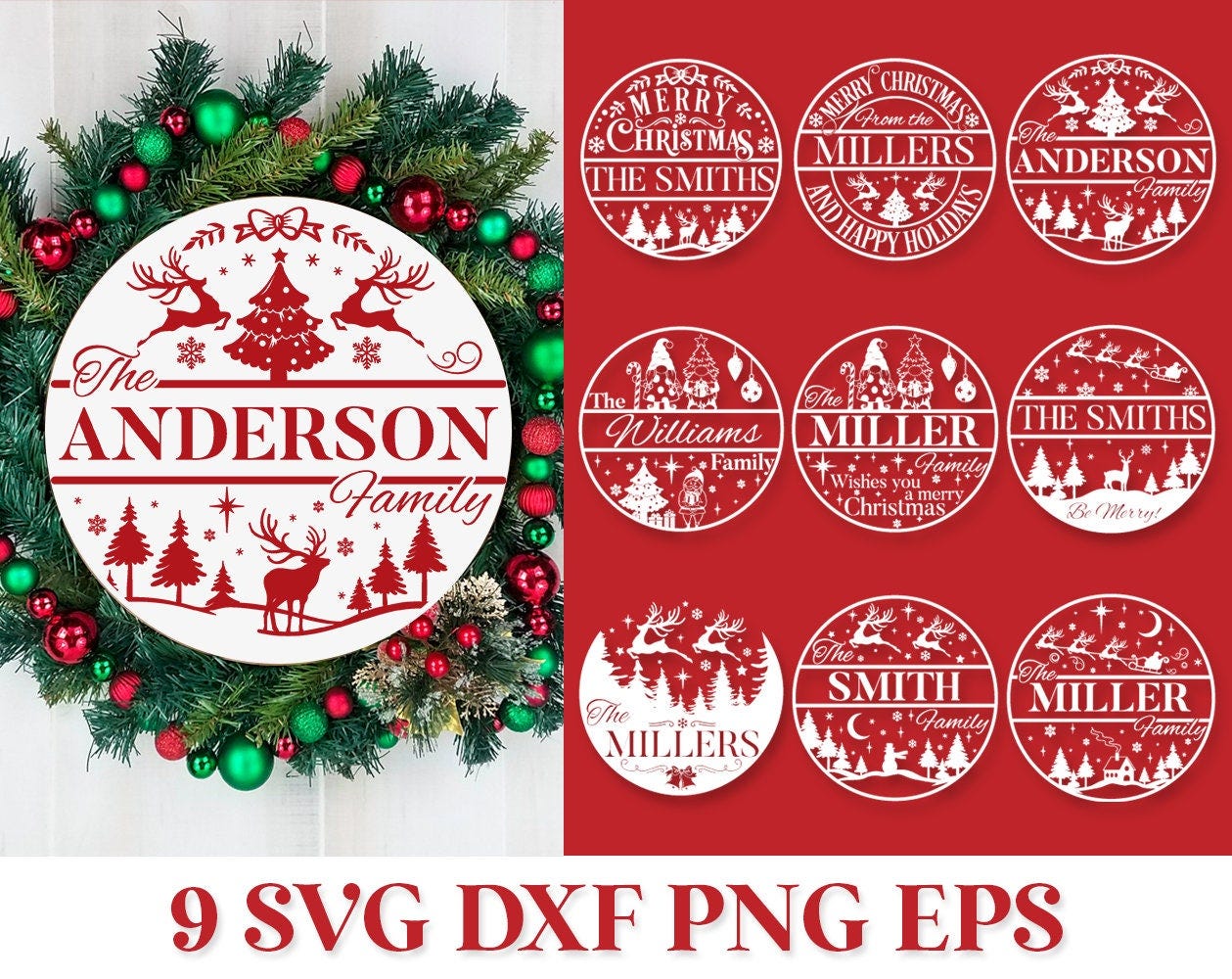 Christmas Family Name Sign SVG, Round Christmas Ornament Svg, Christmas at the Svg, Christmas Door Monogram SVG, Christmas Door Hanger Svg