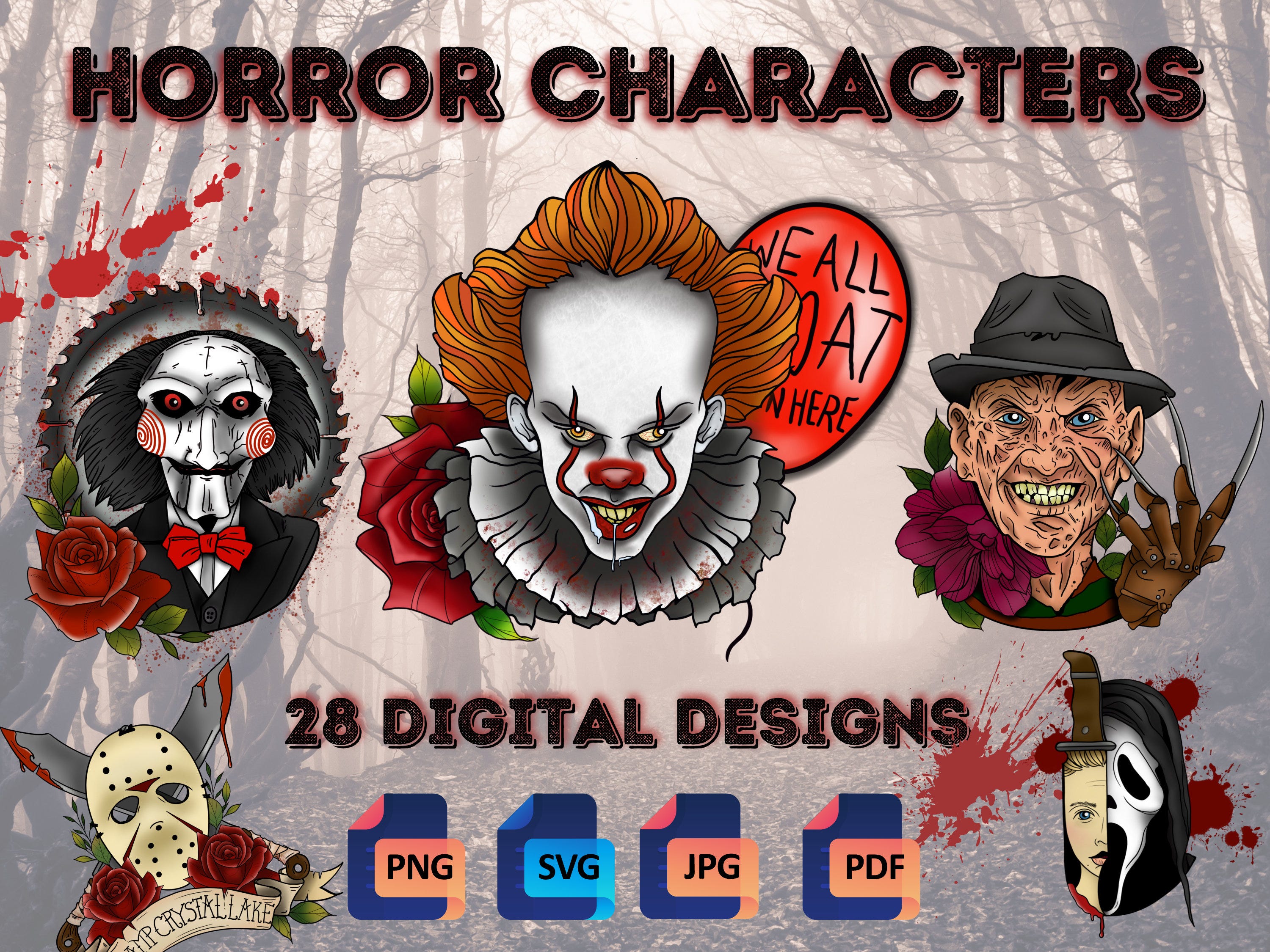 Horror Movie - Villains - Halloween Tattoo Flash | PNG/SVG Digital Design Files for Tattoos, T-Shirts, Die Cut, Sublimation, & More!