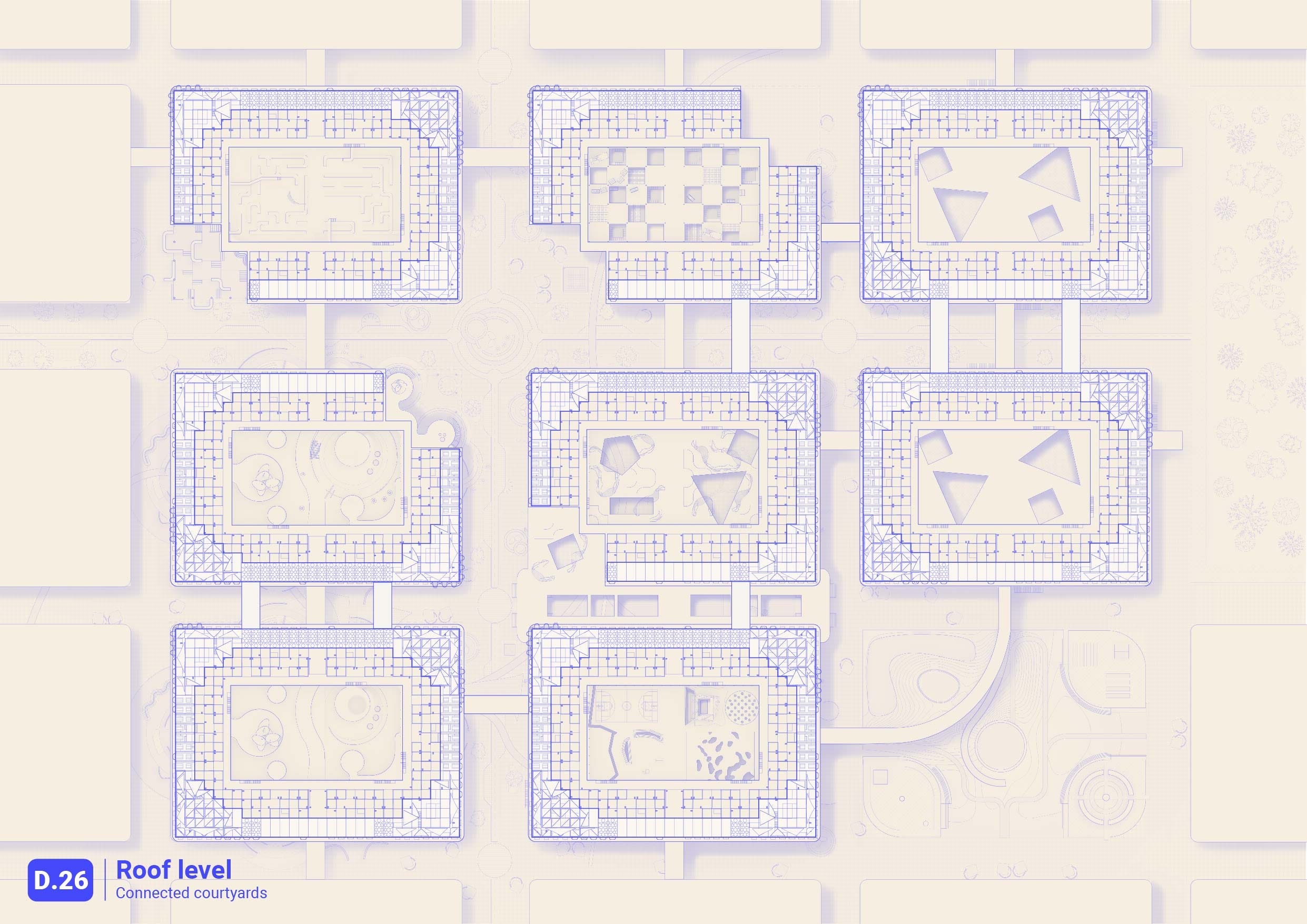Floor plans of the roofs of nine city blocks with connecting bridges.